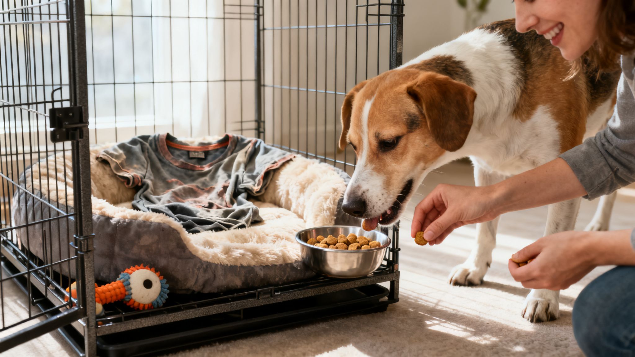 A smiling woman feeds a happy dog treats next to its open crate and comfy bed.