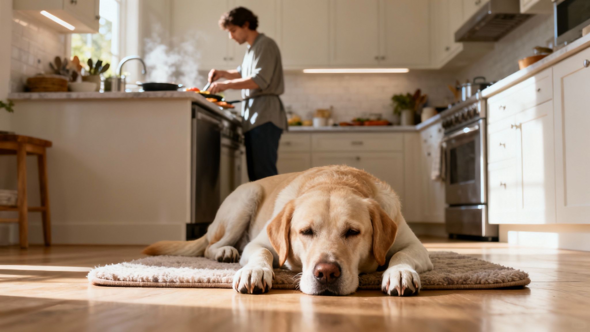Yellow Labrador retriever lying on kitchen floor while owner cooks at stove