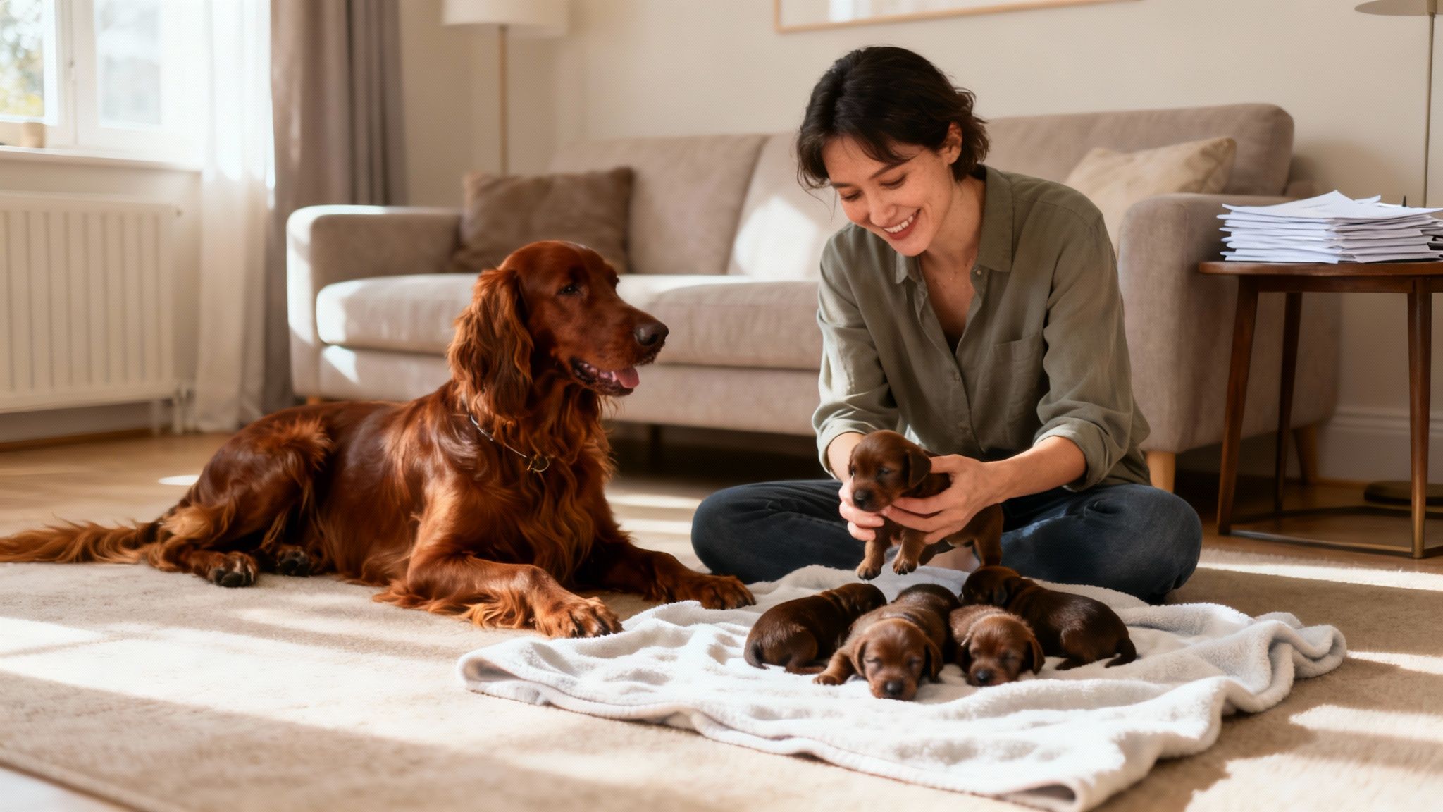 A beautiful Irish Setter puppy standing in a green field looking at the camera.