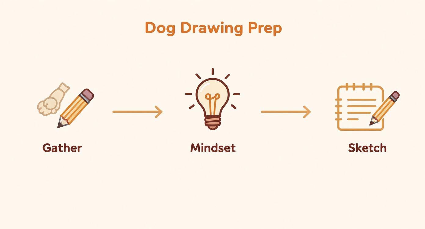 Infographic showing the dog drawing preparation process: Gather tools, adopt a creative mindset, and begin the initial sketch.