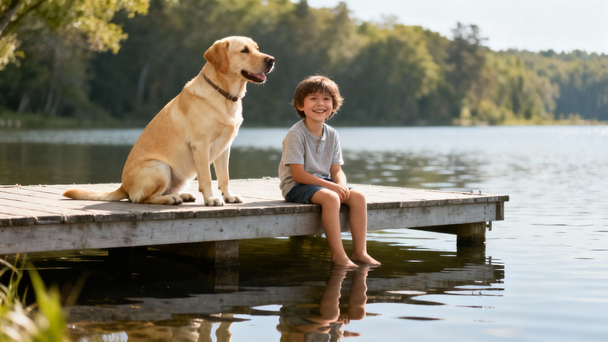 A happy boy and his golden retriever dog sit on a wooden dock by a calm lake.