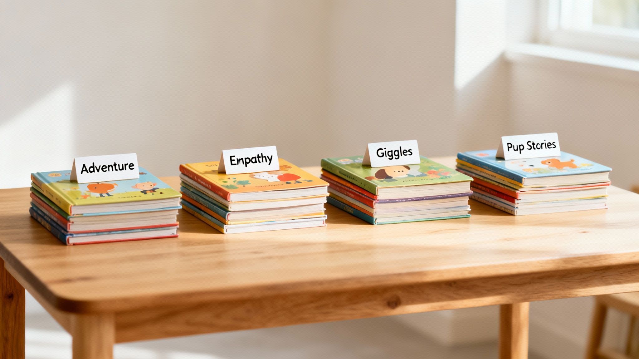 Four stacks of colorful children's books categorized by 'Adventure,' 'Empathy,' 'Giggles,' and 'Pup Stories' on a wooden table.
