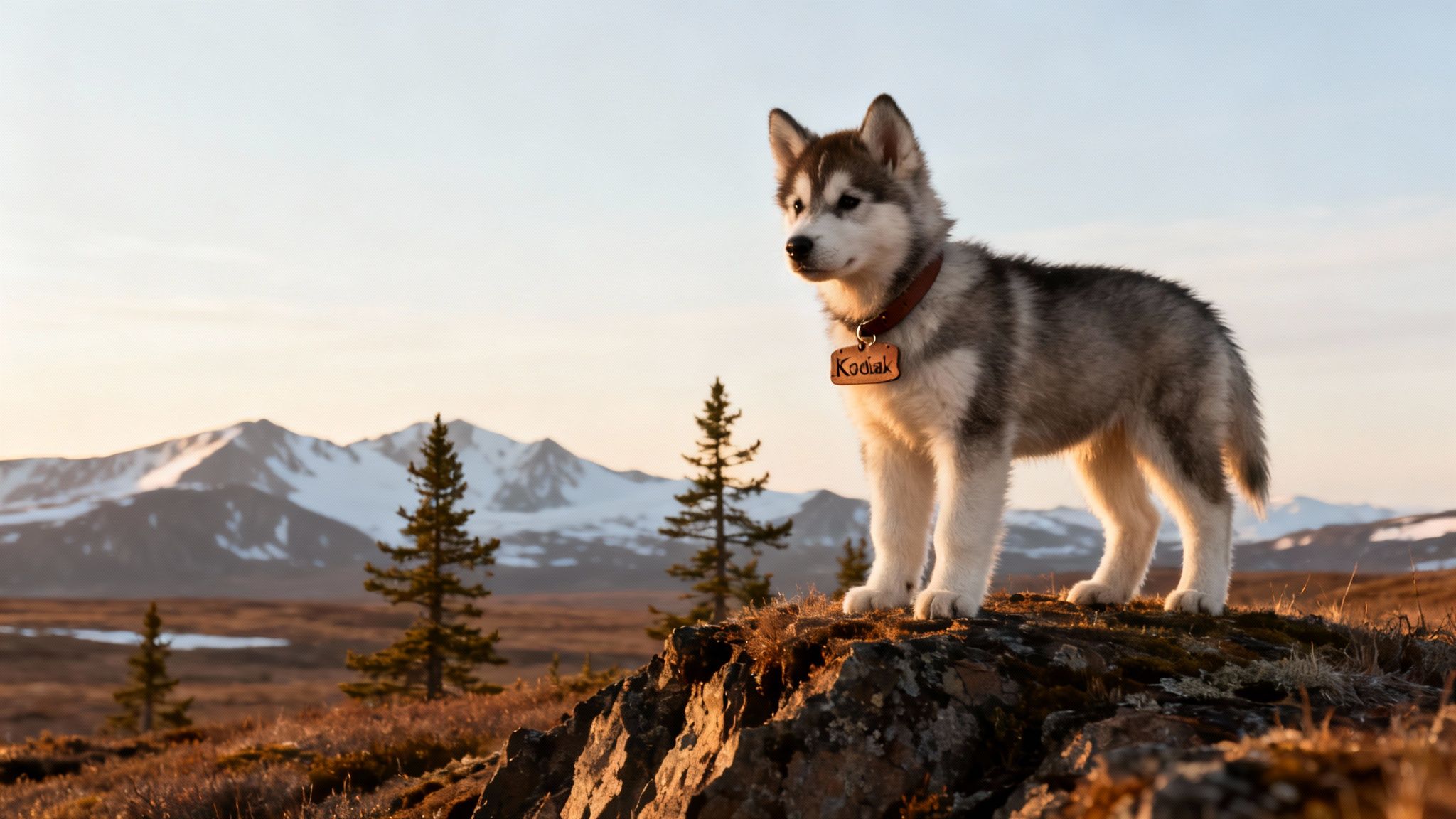 A fluffy Alaskan Malamute puppy, Kodiak, stands on a sunlit rock with mountains and trees.