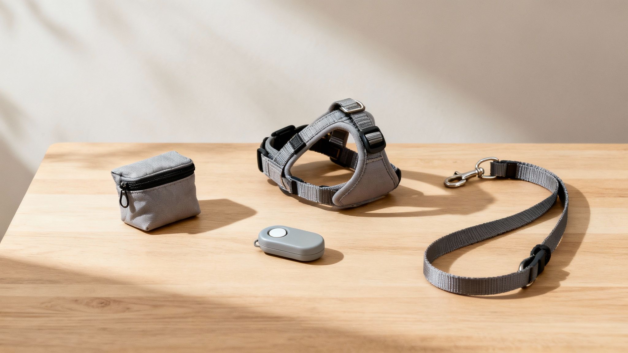 Gray dog harness, leash, training clicker, and treat pouch arranged on wooden table
