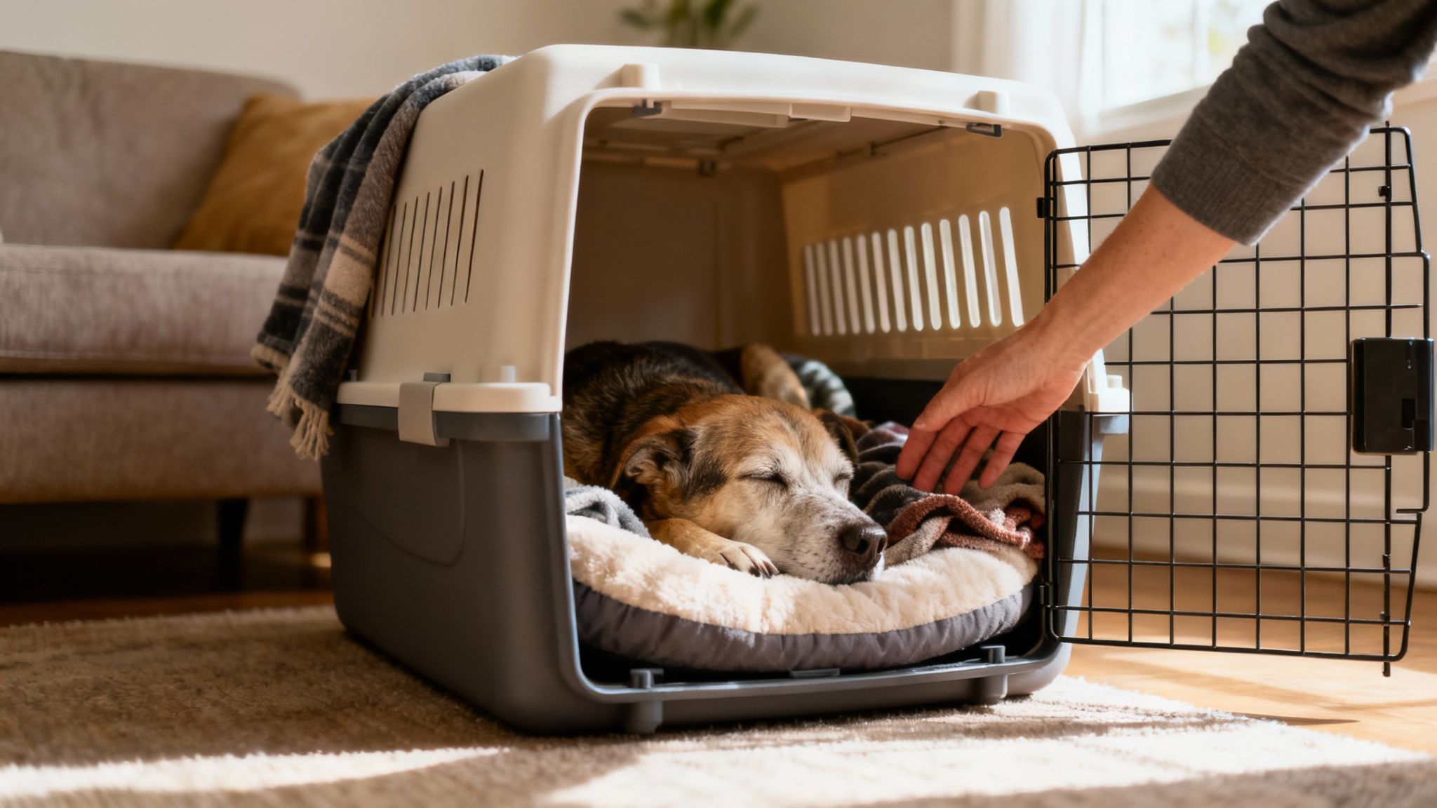 A senior dog comfortably sleeps on a soft bed inside an open pet crate, a hand reaching in.