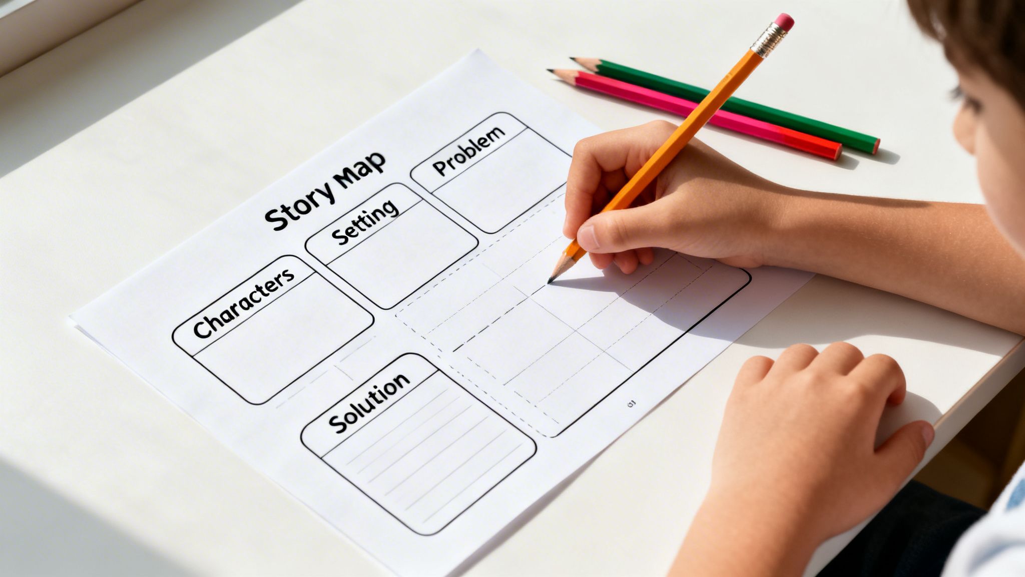 A child's hands fill out a "Story Map" worksheet with a pencil, detailing characters, setting, problem, and solution.