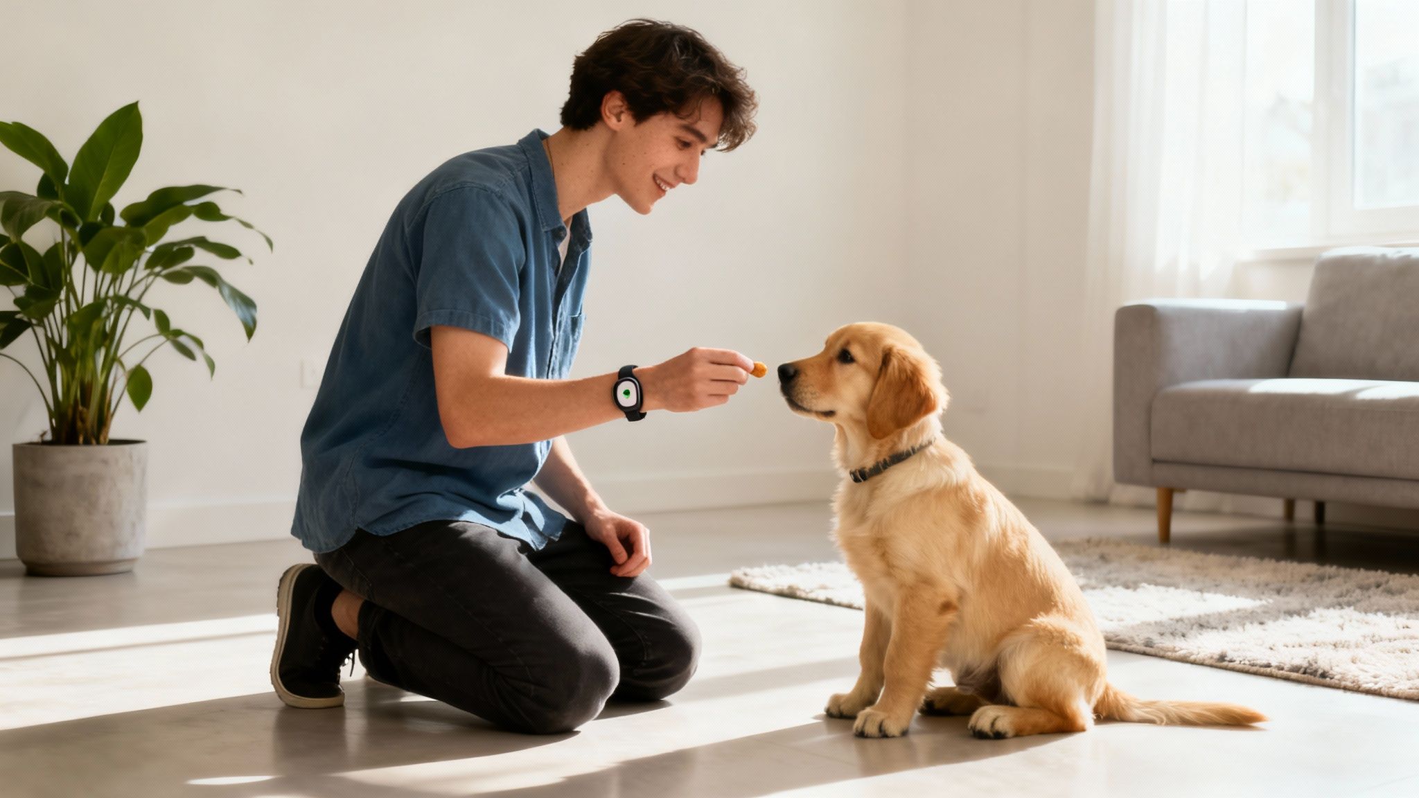 A woman happily holding a small, fluffy puppy.