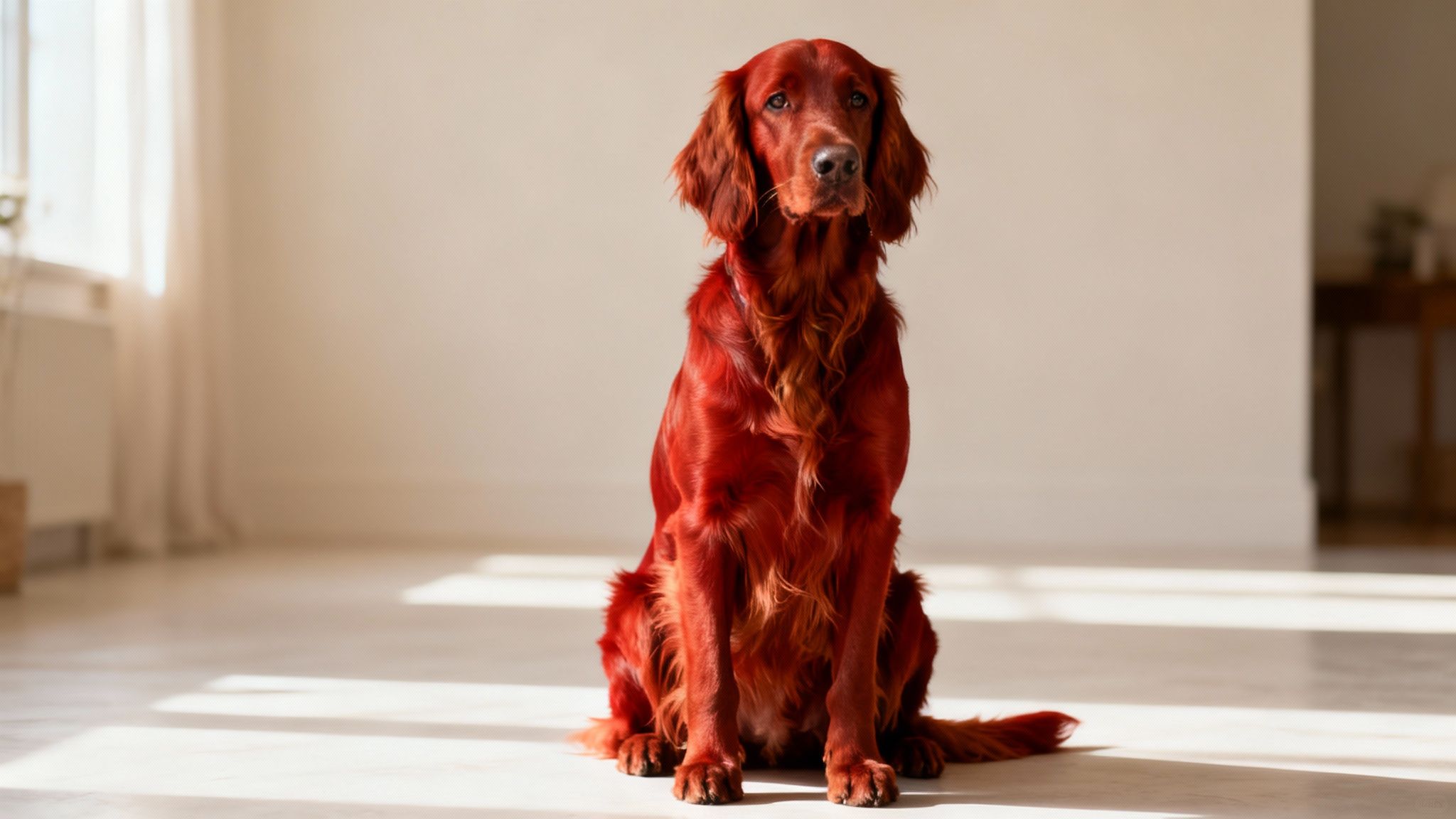 A happy Irish Setter with its stunning red coat sitting in a field