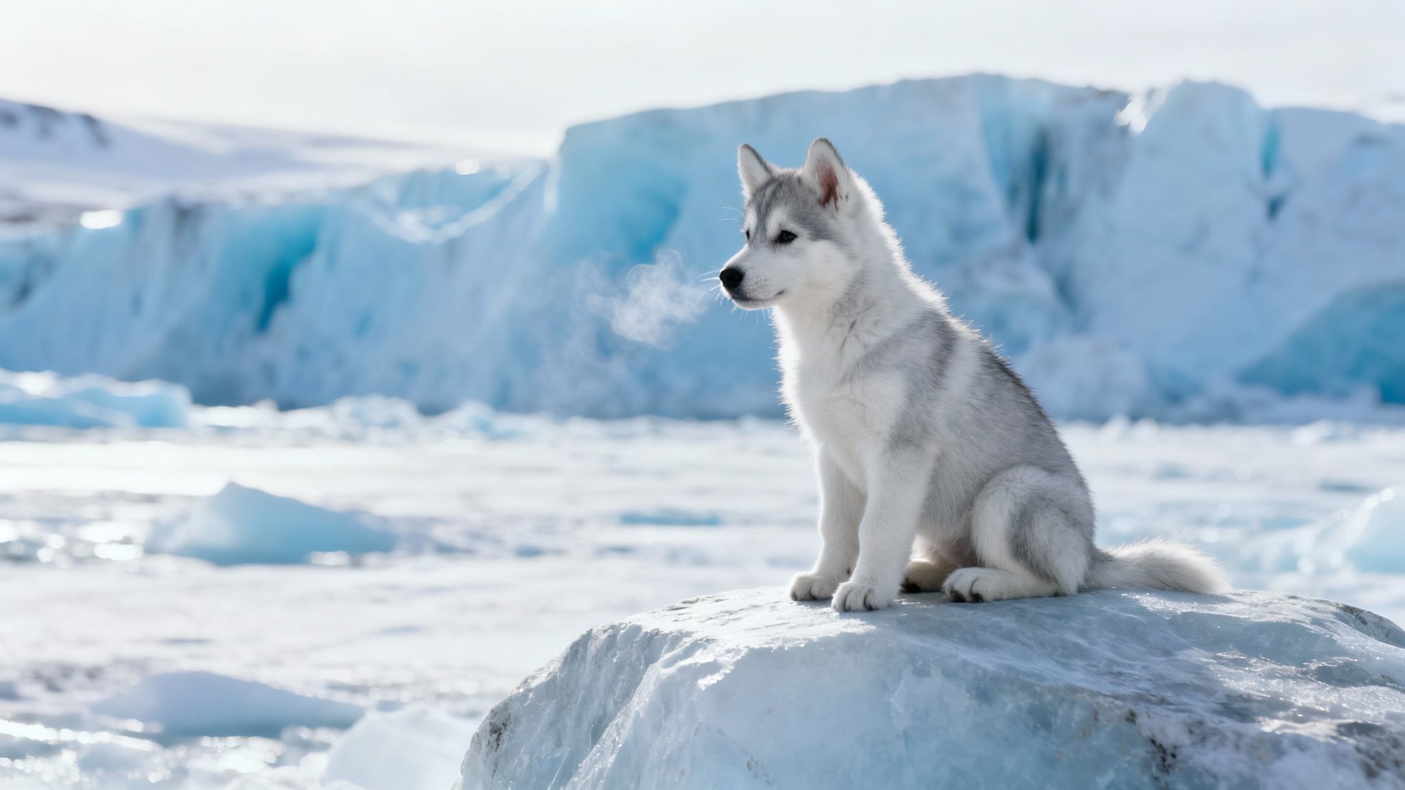 A fluffy husky puppy sits on an ice floe, breath visible in the cold, with blue glaciers behind.