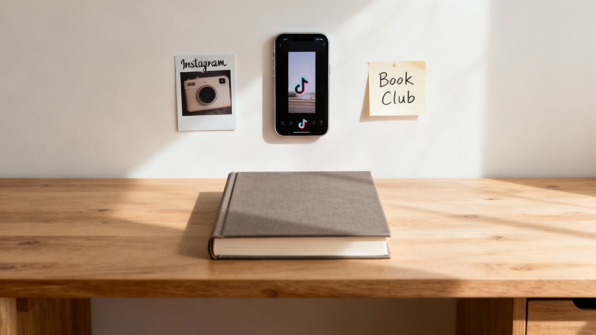 Close-up of a person's hands holding a smartphone, scrolling through a colorful social media feed with icons for different platforms.