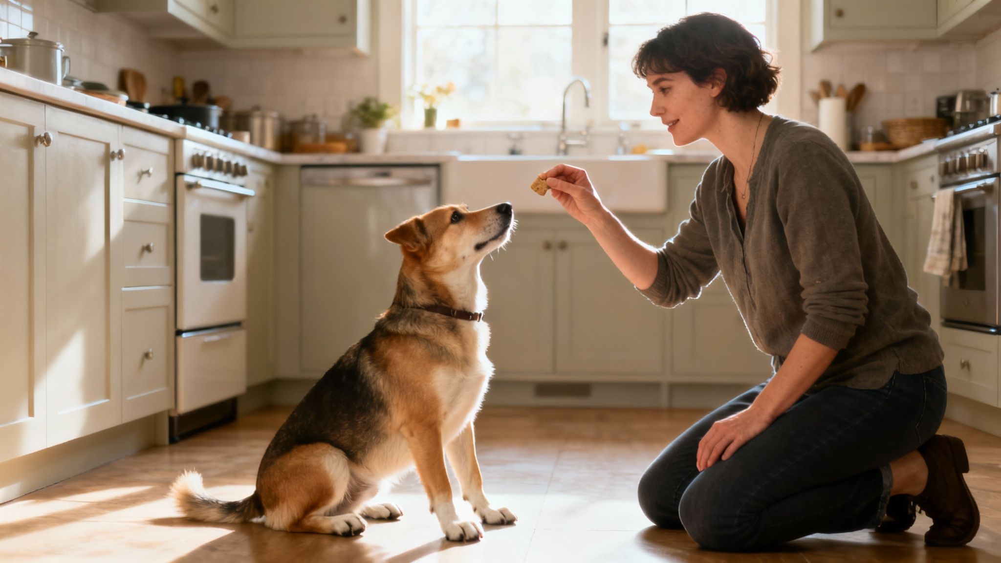 Woman training dog with treats in bright kitchen teaching obedience and good behavior