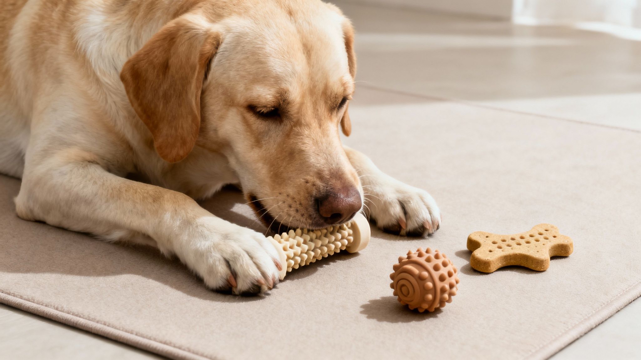 A golden Labrador lies on a mat, happily chewing a dental bone, with other dog treats nearby.