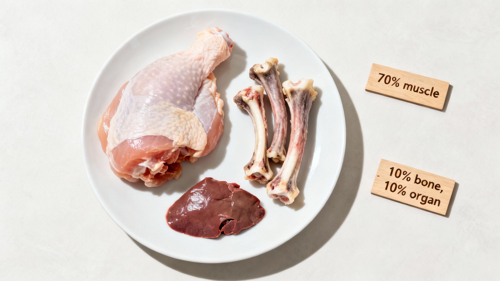 A beautiful bowl of raw dog food with fresh meat, vegetables, and an egg on top.