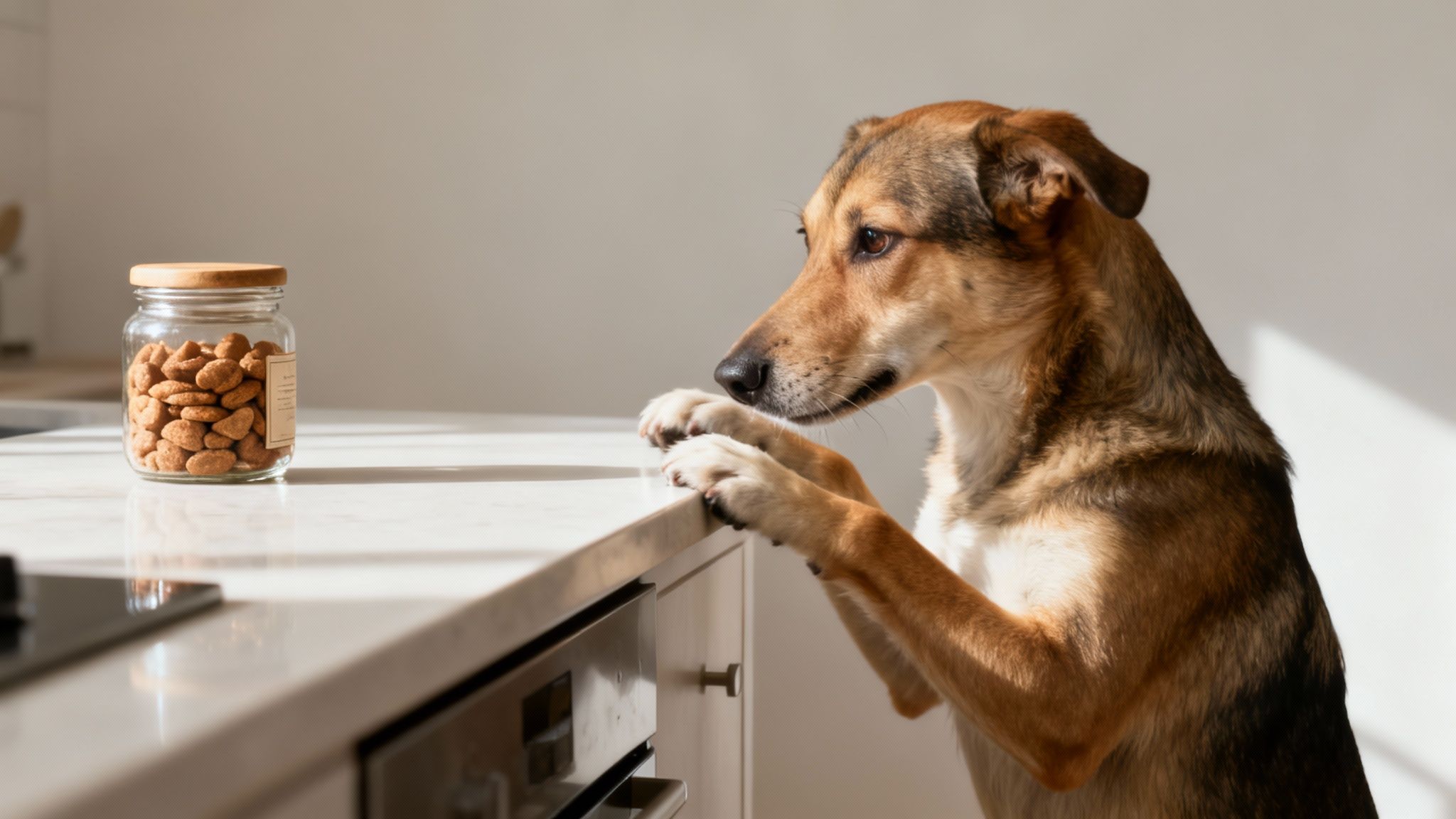 Dog standing on hind legs reaching paws toward glass jar of treats on kitchen counter