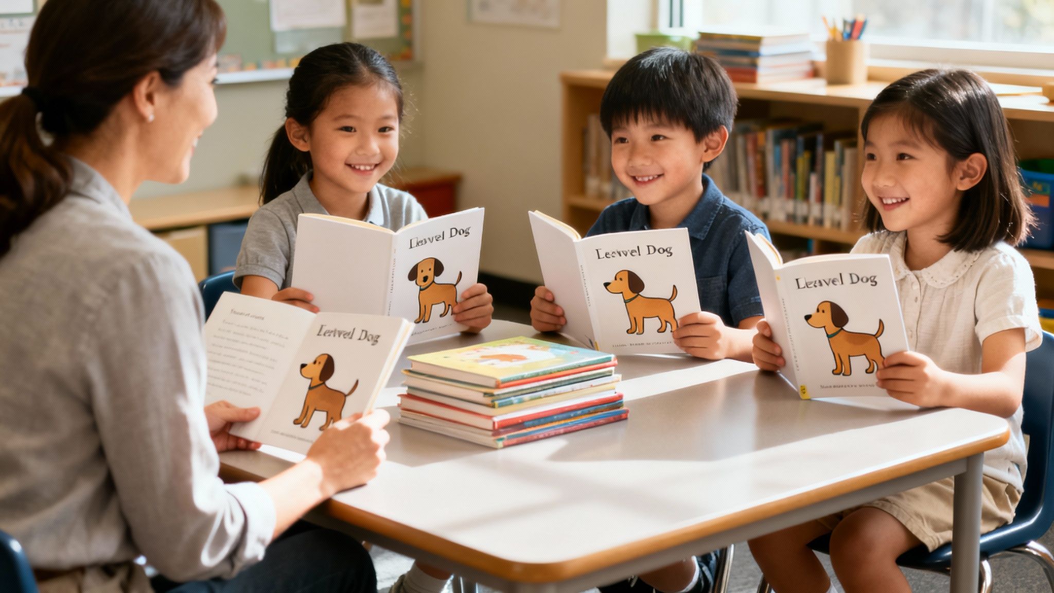 Smiling teacher and three diverse young children joyfully read dog-themed books together in a bright classroom.