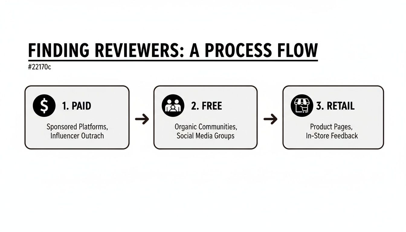 Process flow outlining three ways to find reviewers: paid platforms, free communities, and retail feedback.