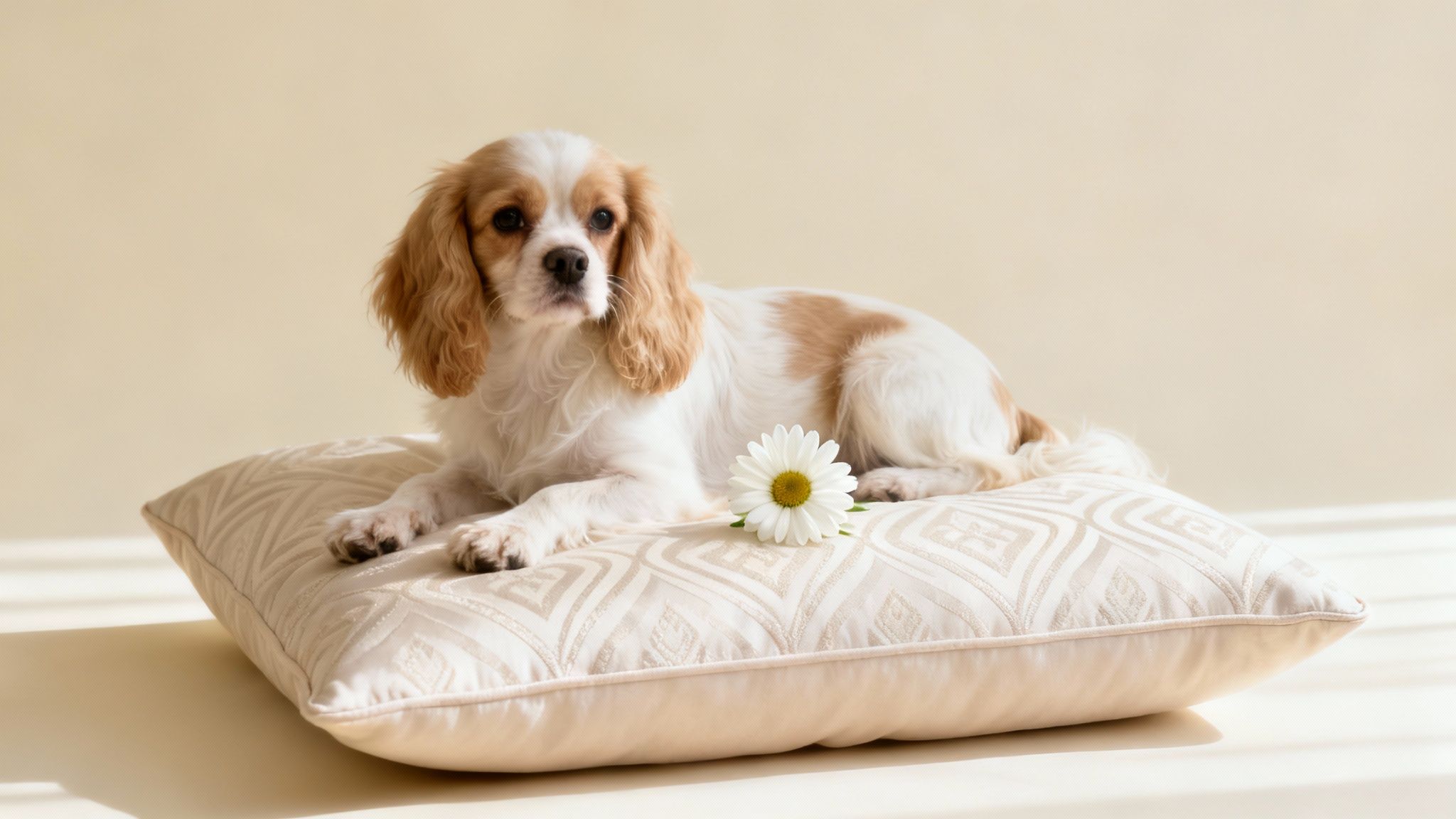 A cute white and brown Cavalier King Charles Spaniel dog lies on a cushion with a daisy.