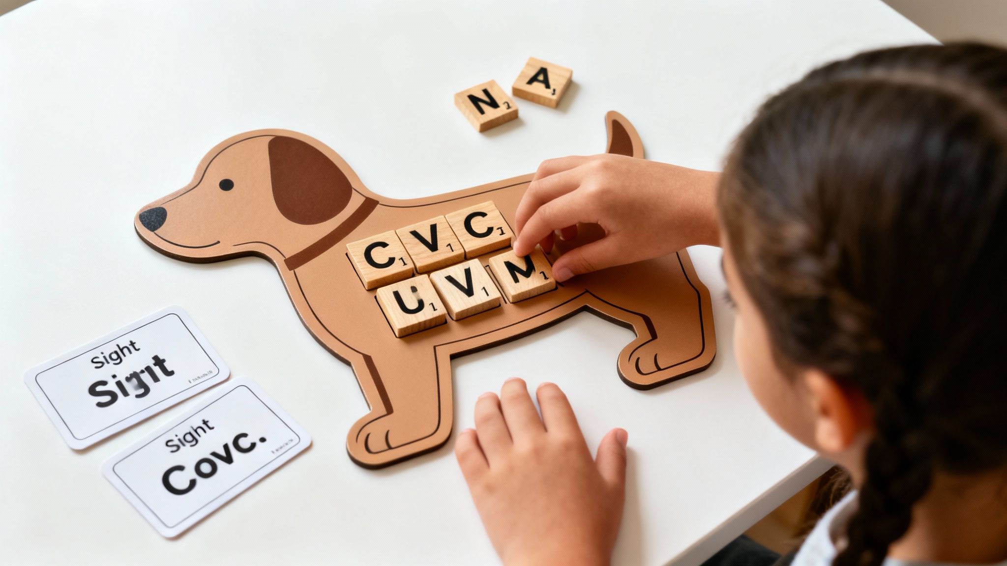 A child's hands place letter tiles on a dog-shaped board during a reading activity.