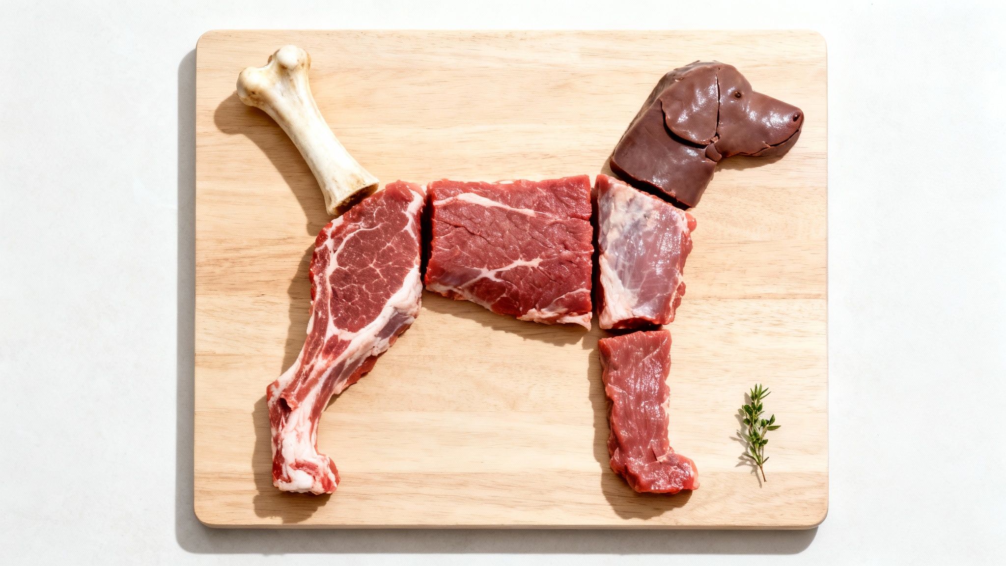 A beautiful dog looking at a bowl filled with a fresh raw food diet, including meat, vegetables, and an egg.