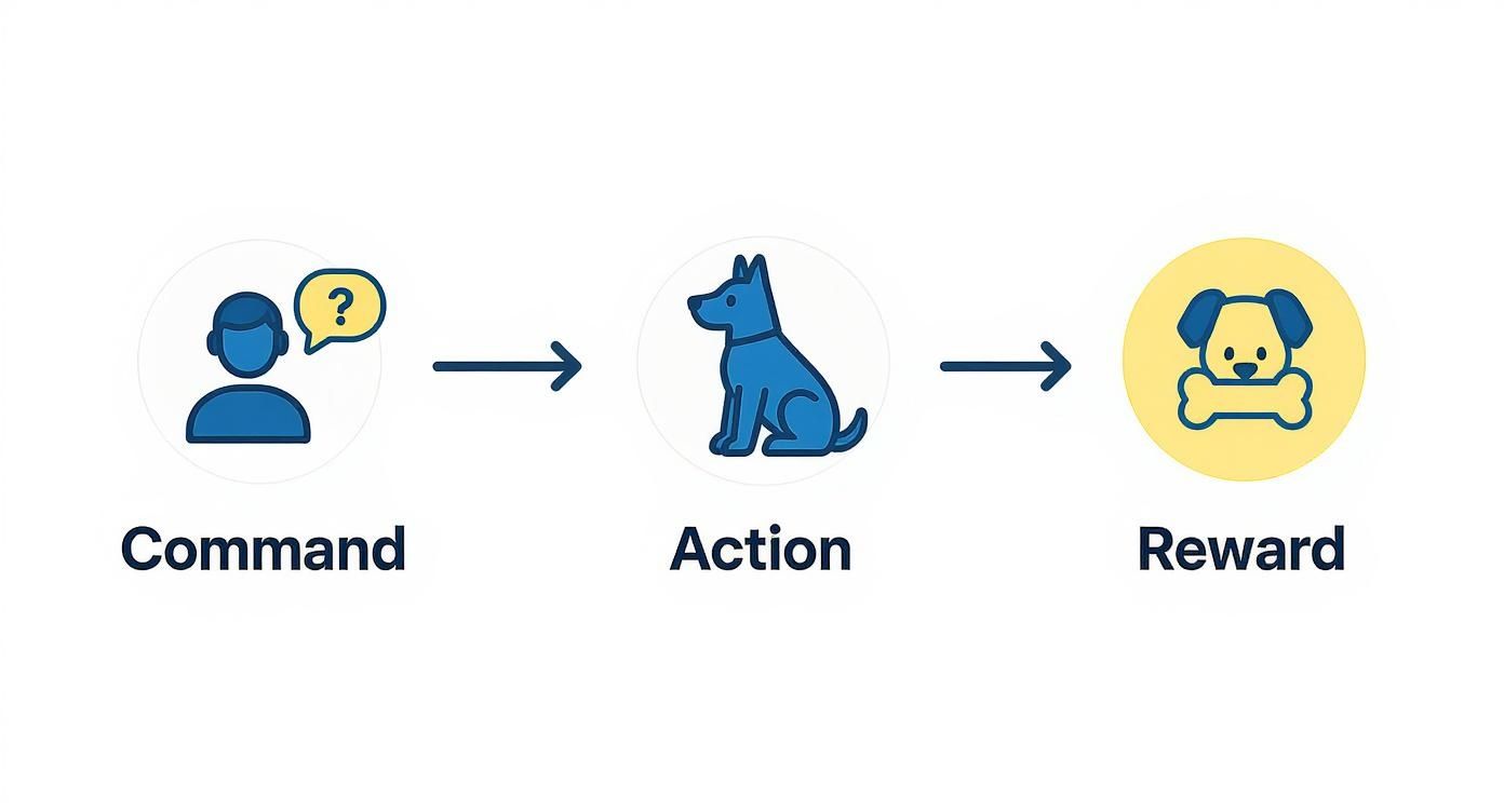 Dog training workflow diagram showing command, action, and reward process with icons