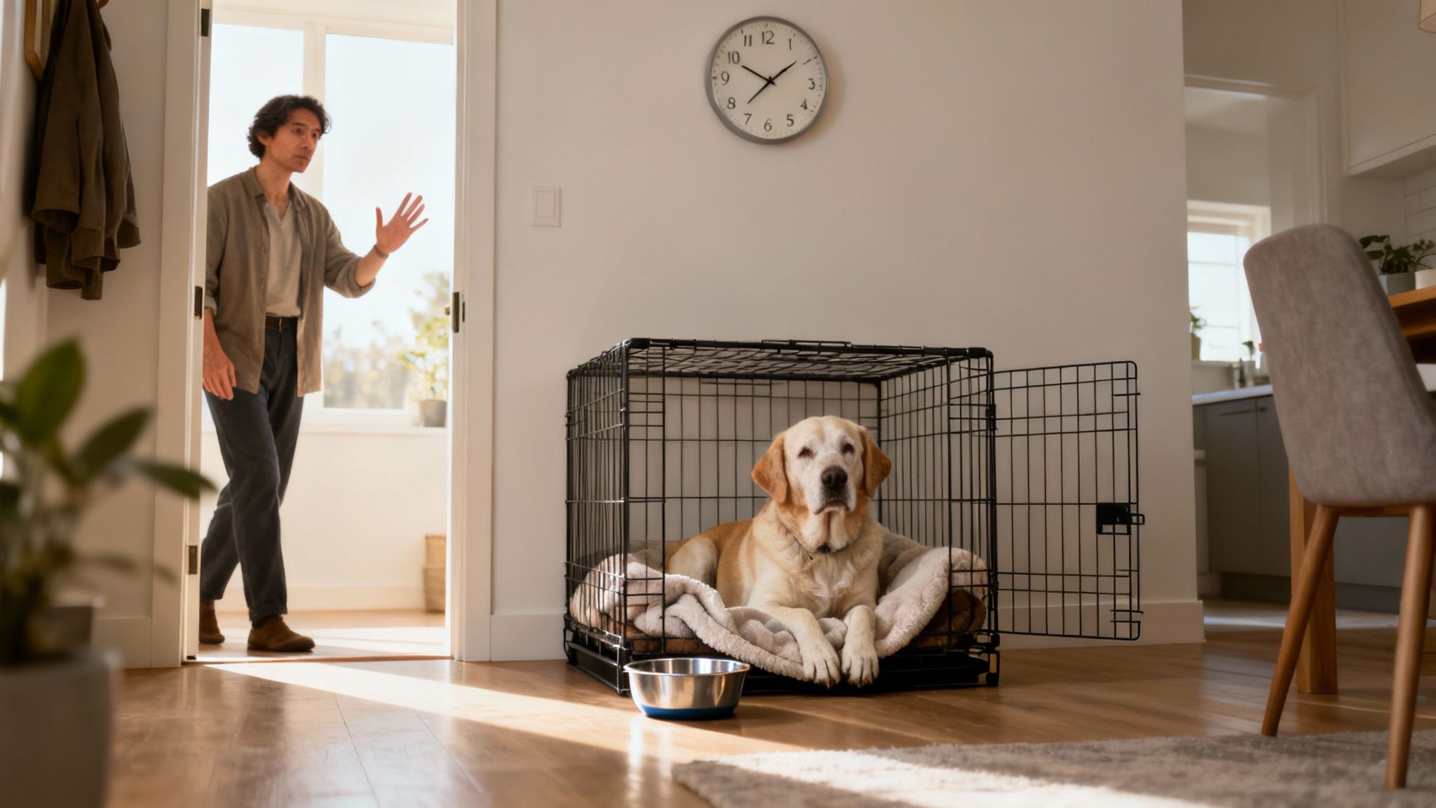 A man waves goodbye to his golden labrador dog relaxing in an open crate at home.