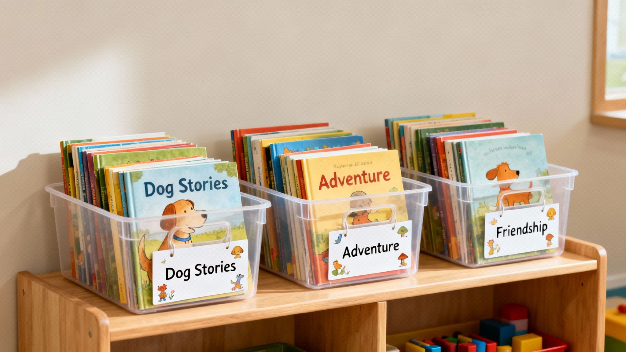 Three clear bins on a wooden shelf, neatly organizing children's books by 'Dog Stories', 'Adventure', and 'Friendship'.