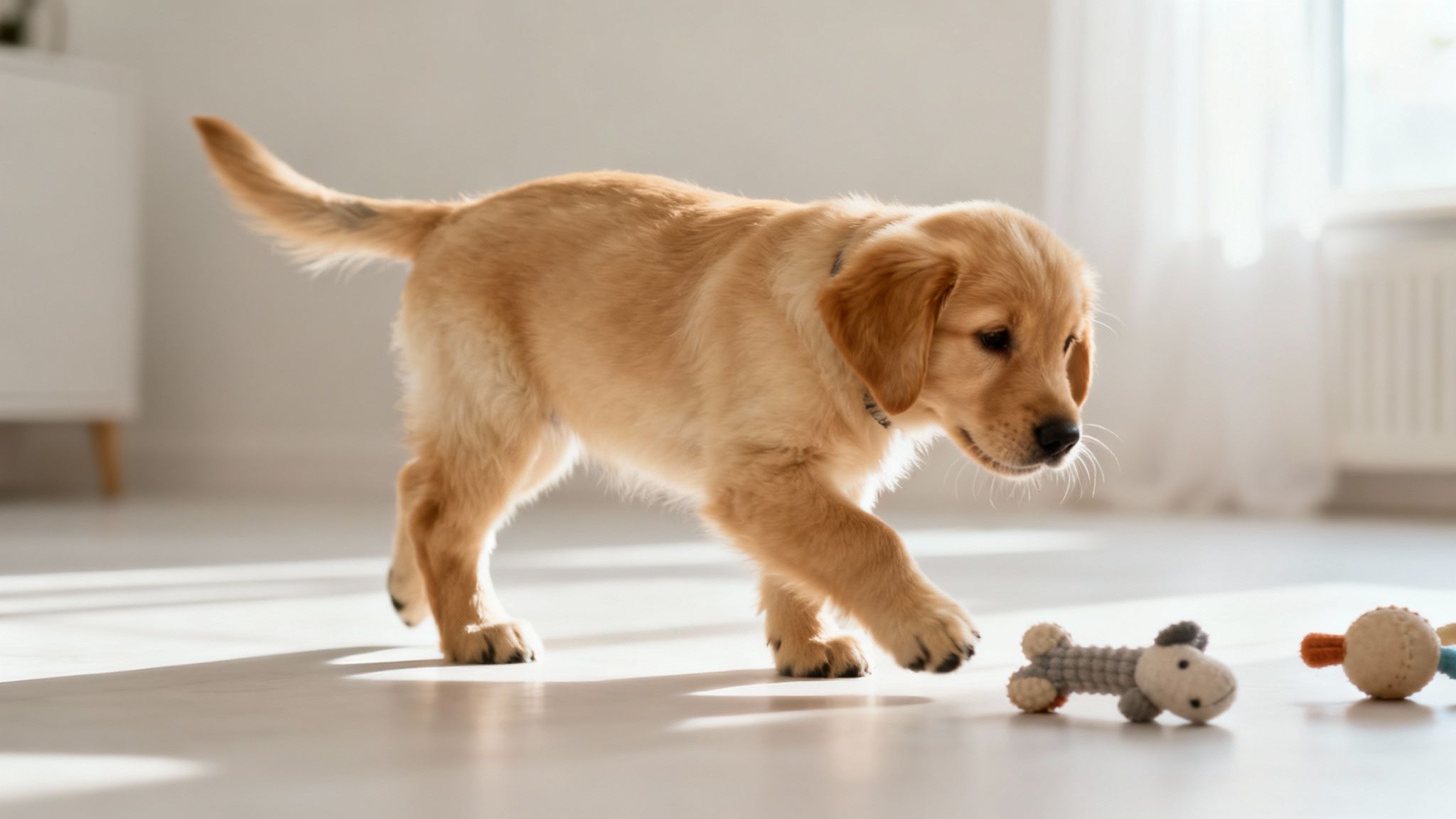 A golden retriever puppy sitting attentively in a grassy field.