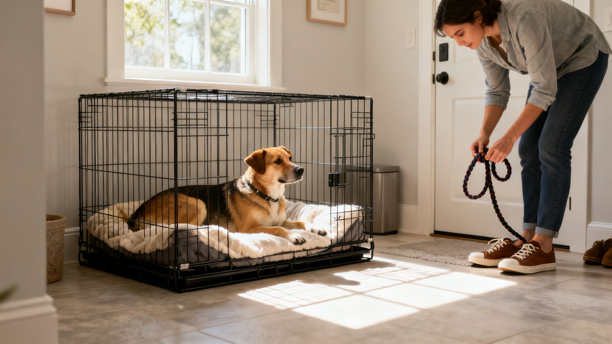 A woman holds a leash next to a dog resting comfortably in its crate by a sunny window.