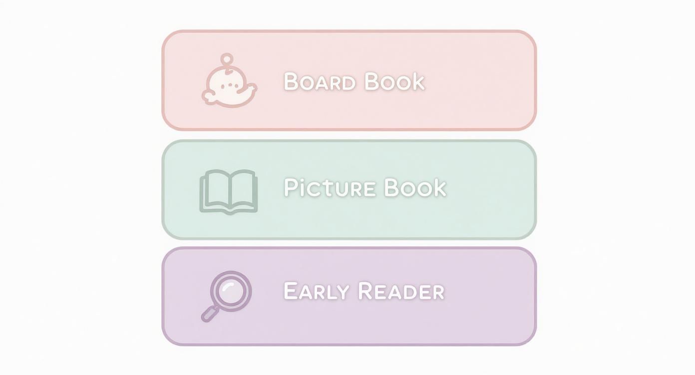 Three colored buttons categorize children's books: Board Book, Picture Book, and Early Reader.