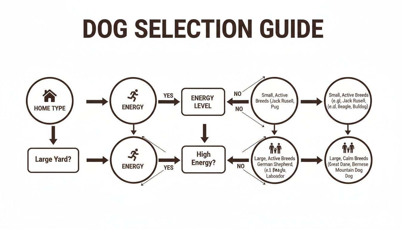 Flowchart diagram guiding dog selection based on home type, yard size, and desired energy level.