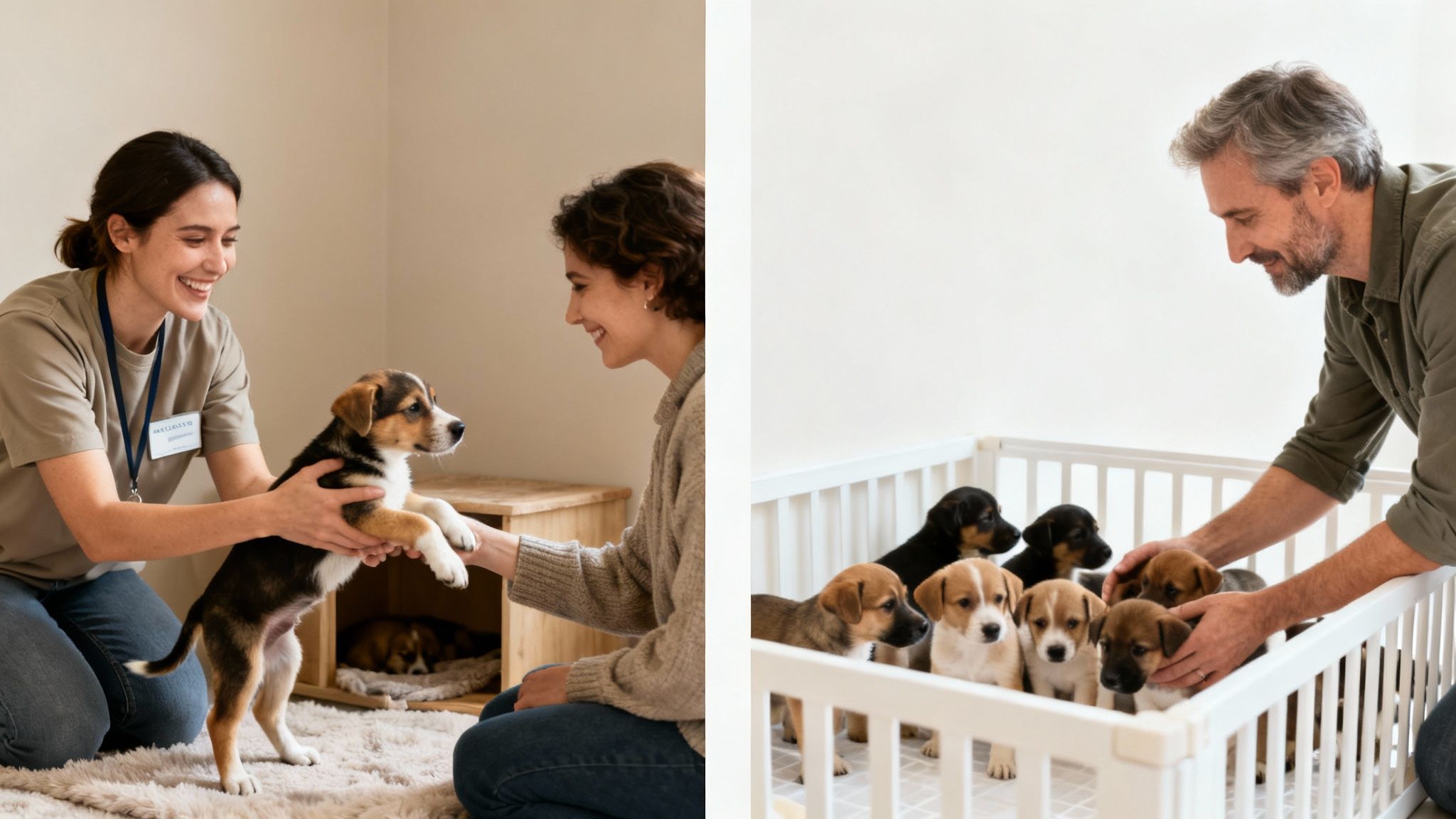 Two women and a man happily interacting with multiple cute puppies, some in a playpen.