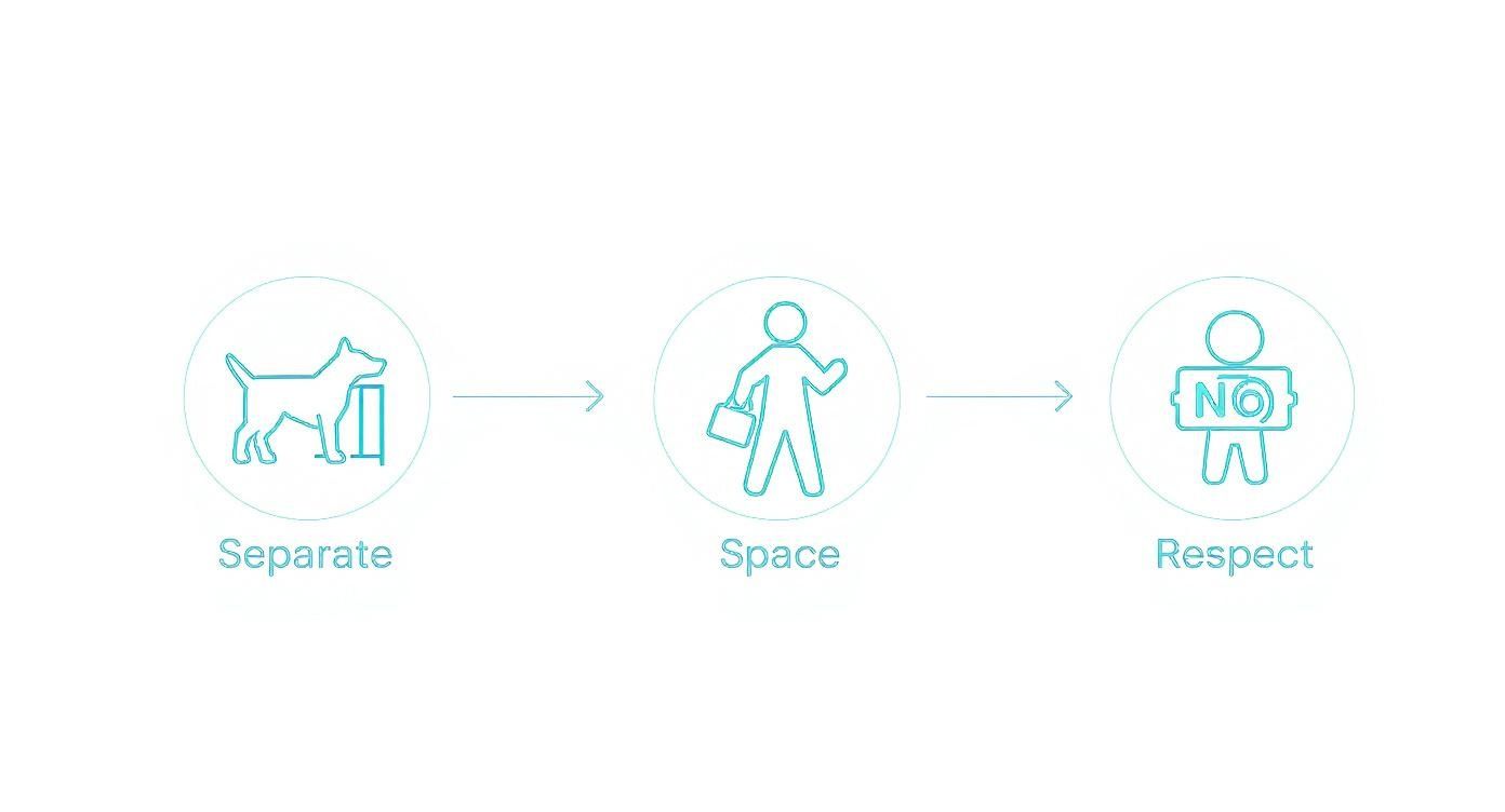 Line art diagram showing three steps: separate dog, give space to person, and respect boundaries.