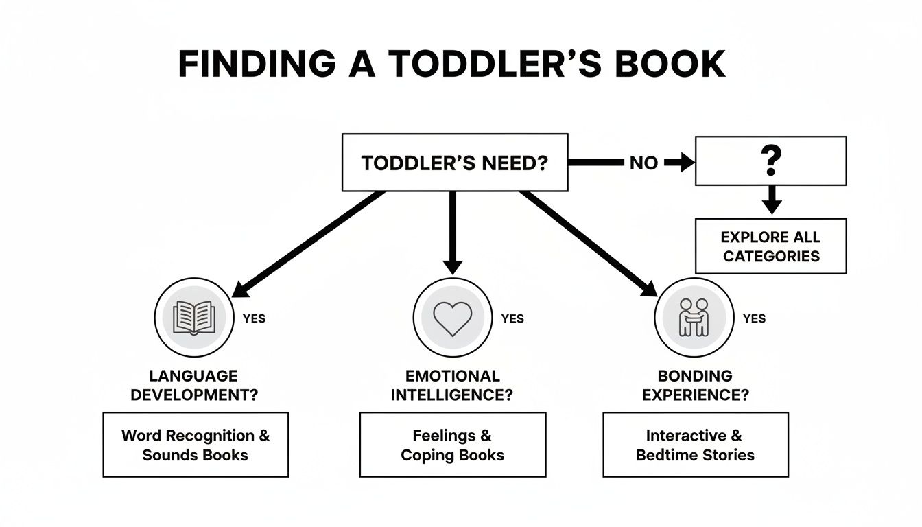Flowchart guiding how to find a toddler's book based on needs: language, emotional intelligence, or bonding.