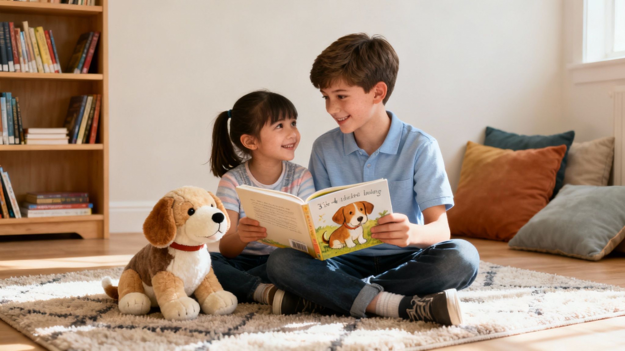 Two smiling children sit on a rug, reading a dog-themed picture book with a stuffed toy dog.