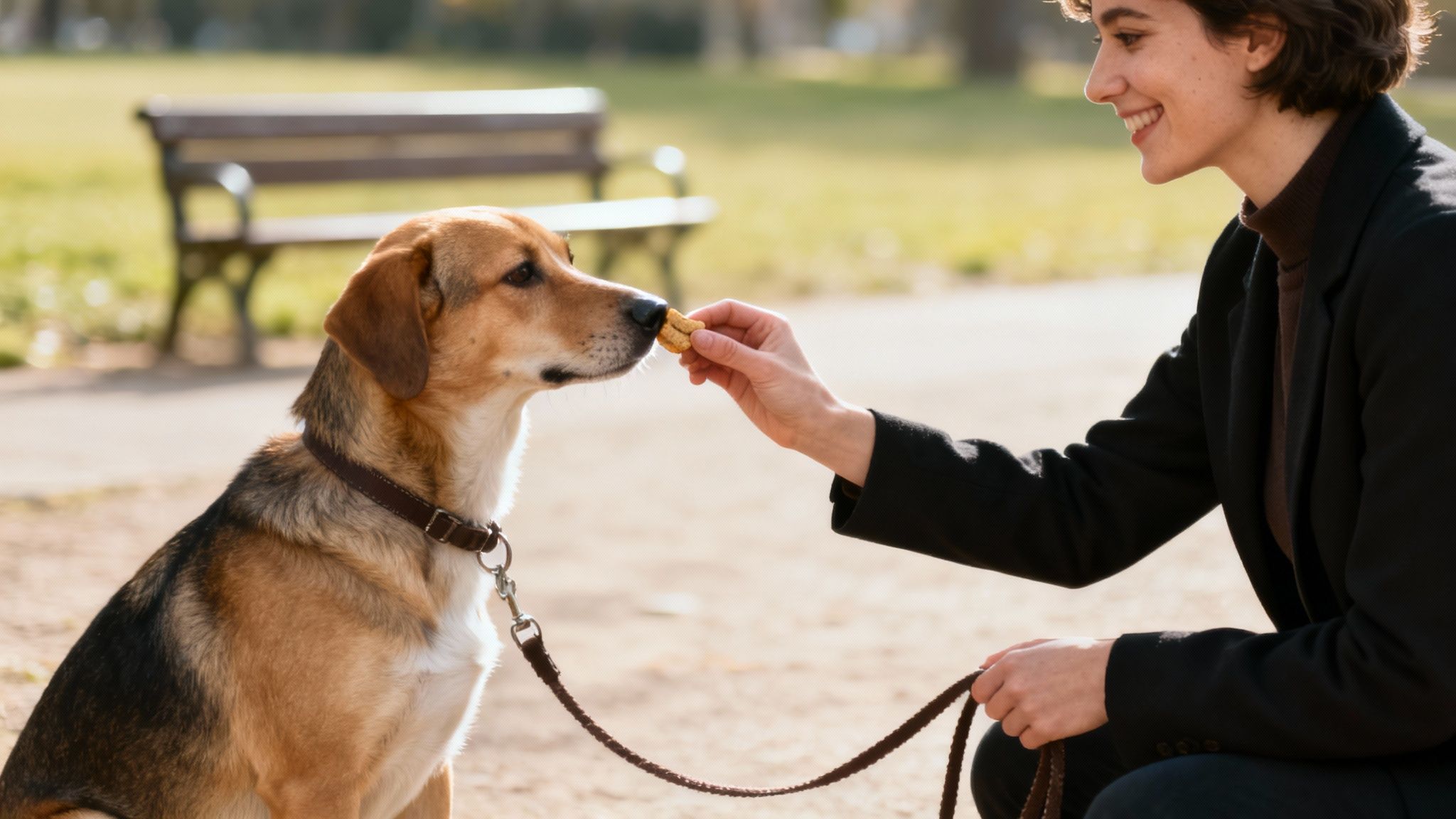 A person giving a treat to a happy dog on a leash