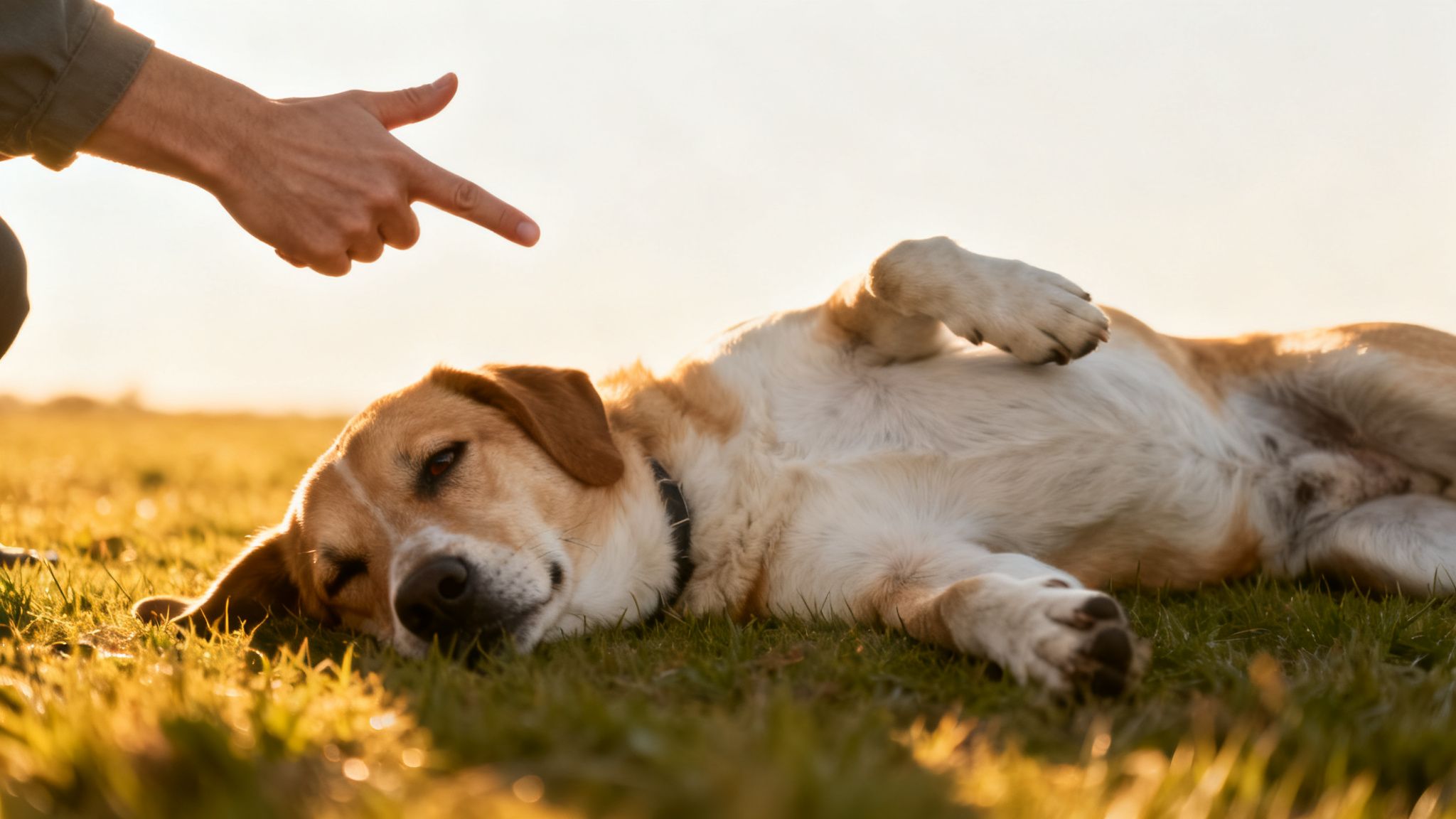 A person's hand points at a happy, light brown dog lying belly-up in sunlit green grass.