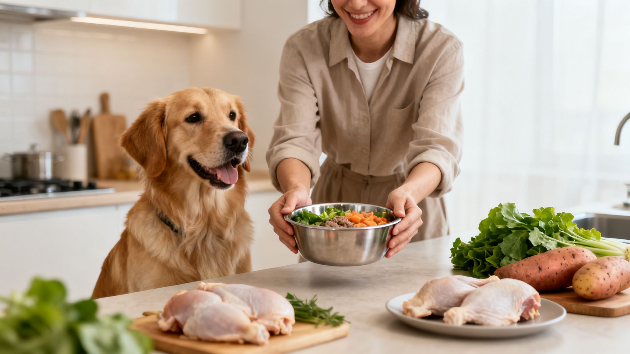 A golden retriever looks at a woman holding a bowl of fresh homemade dog food in the kitchen.