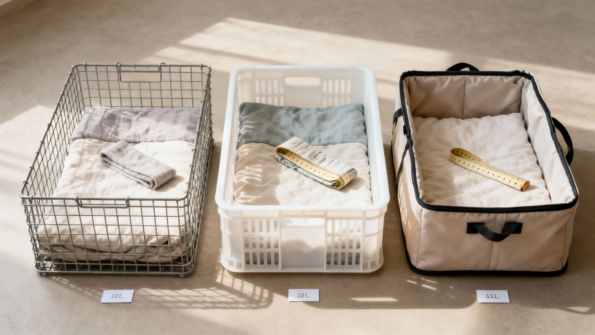 A dog looking curiously at a new, empty wire crate placed in a living room.