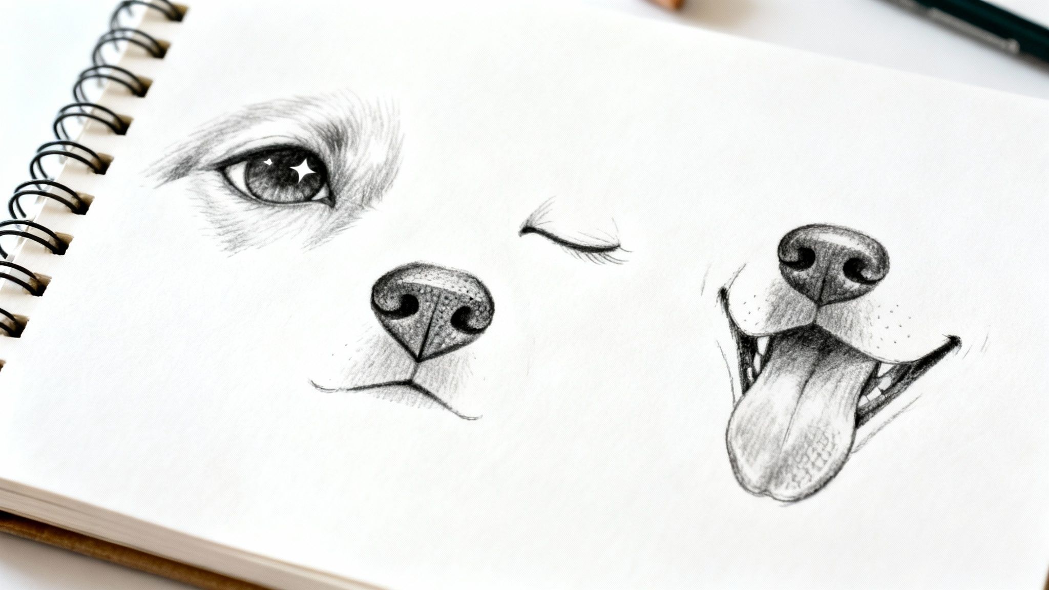 Pencil drawing of dog's expressive face: sparkling eye, winking eye, nose, and happy mouth with tongue out.