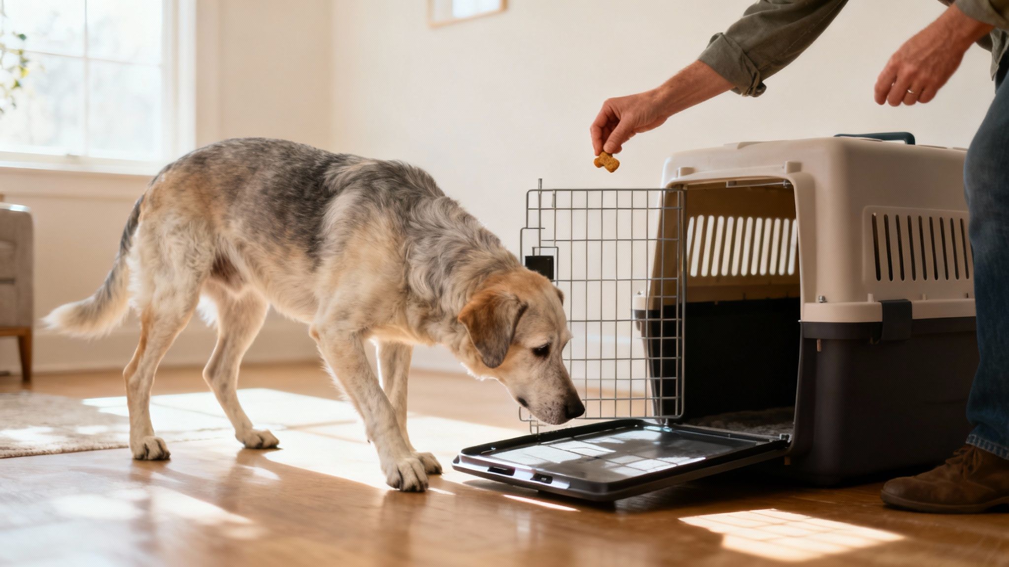 An older dog curiously sniffing at a treat placed just inside an open crate.