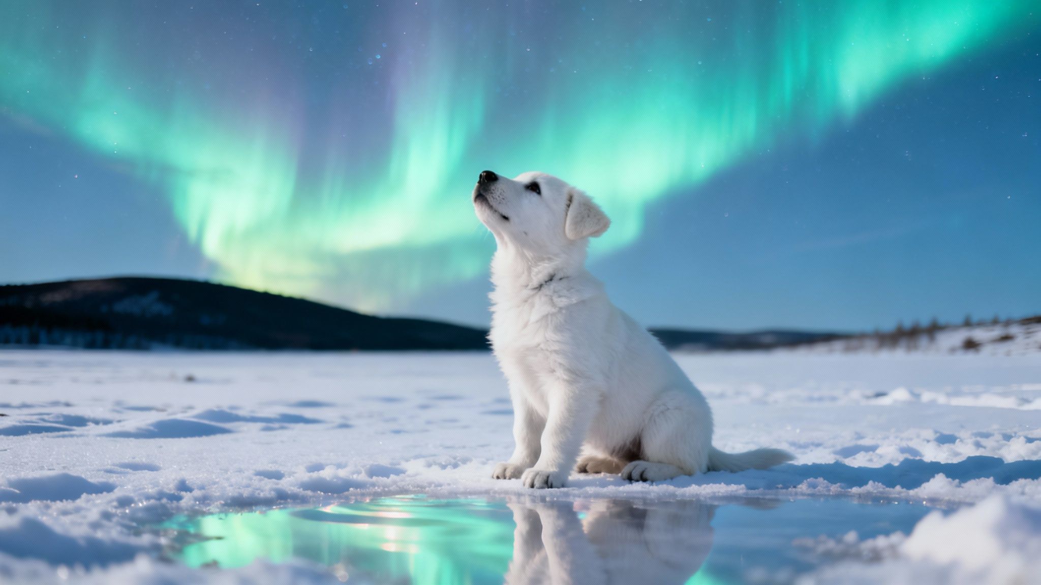 A white puppy admiring the vibrant green aurora borealis reflecting in icy water on a snowy field.