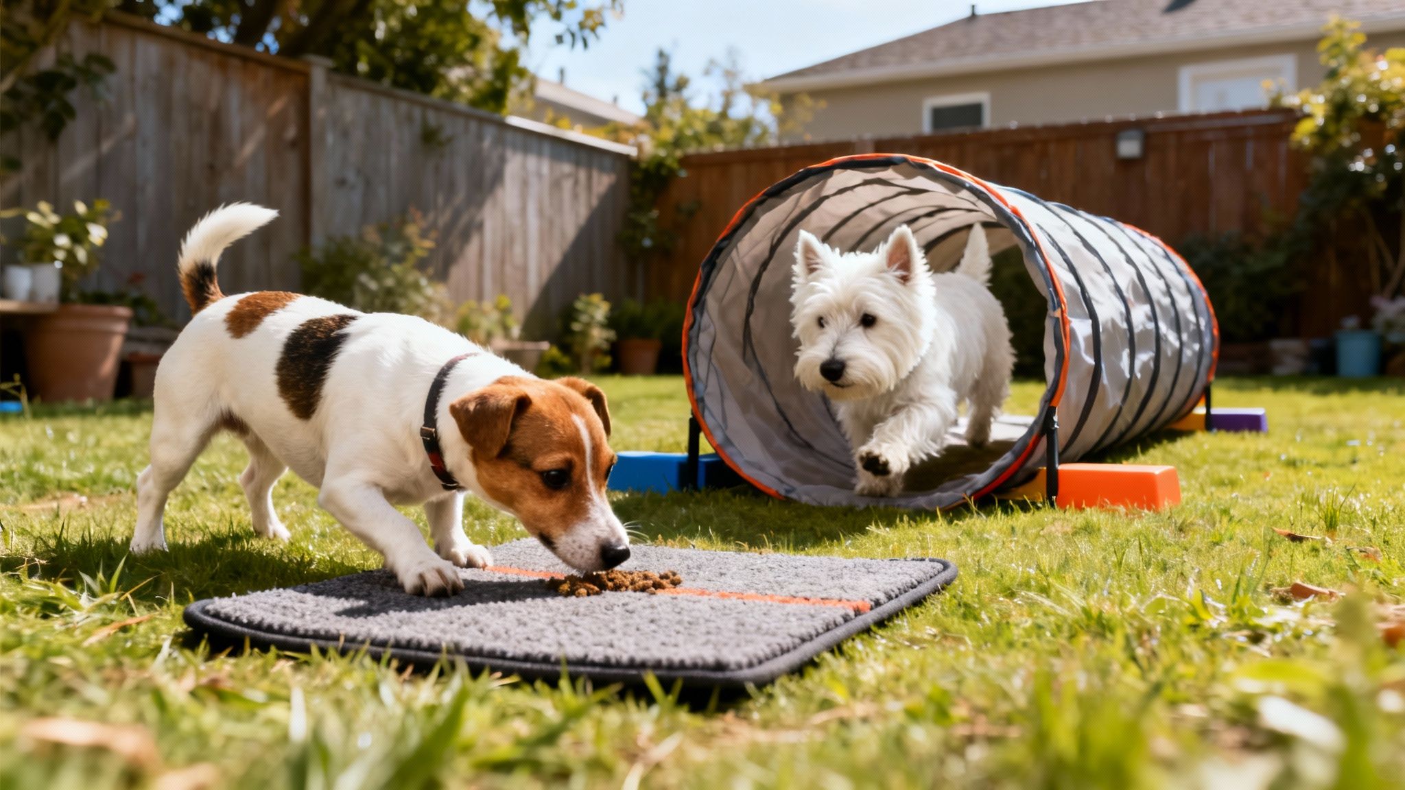Two happy dogs, a Jack Russell and Westie, enjoying agility training and treats in a sunny backyard.