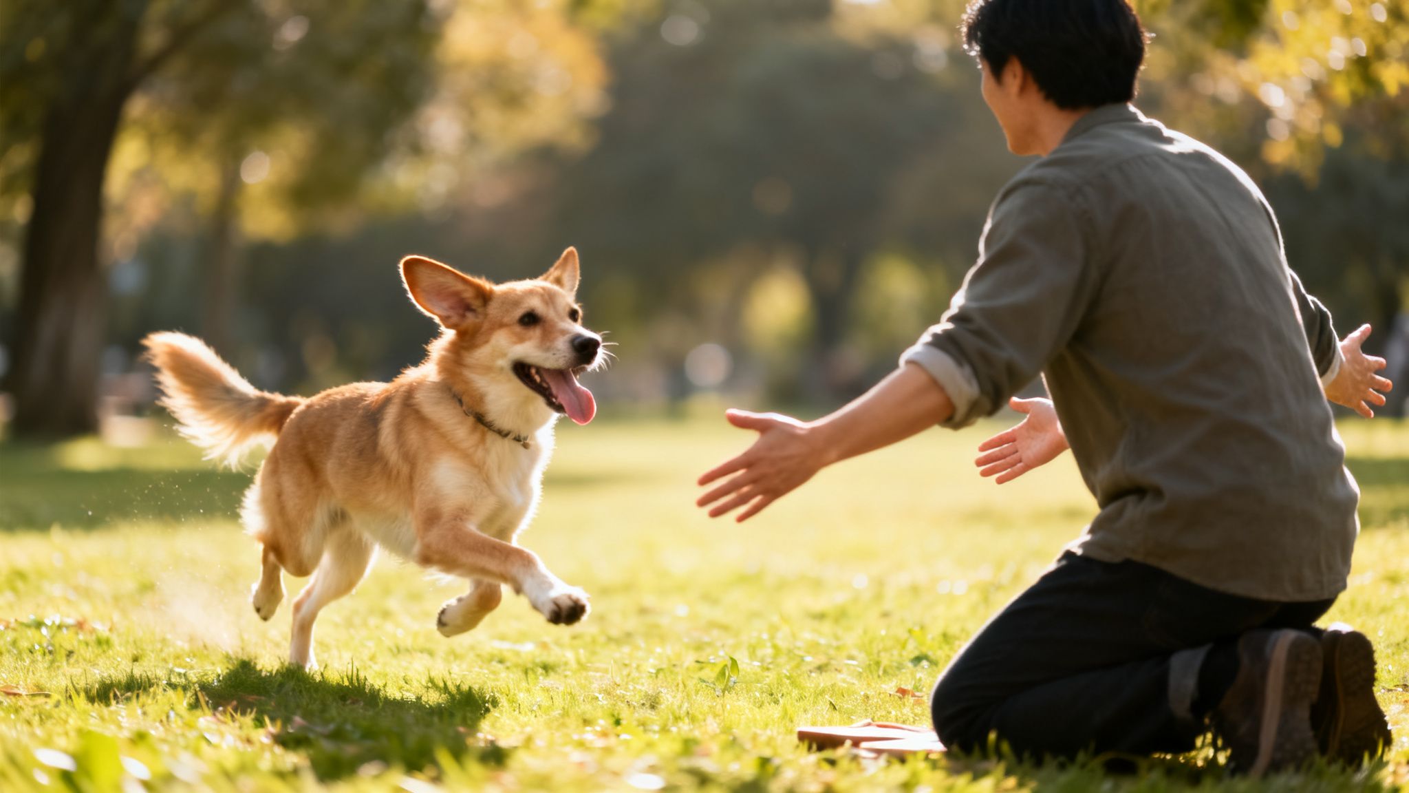 A joyful brown dog runs through a sun-drenched park towards its owner with open arms.