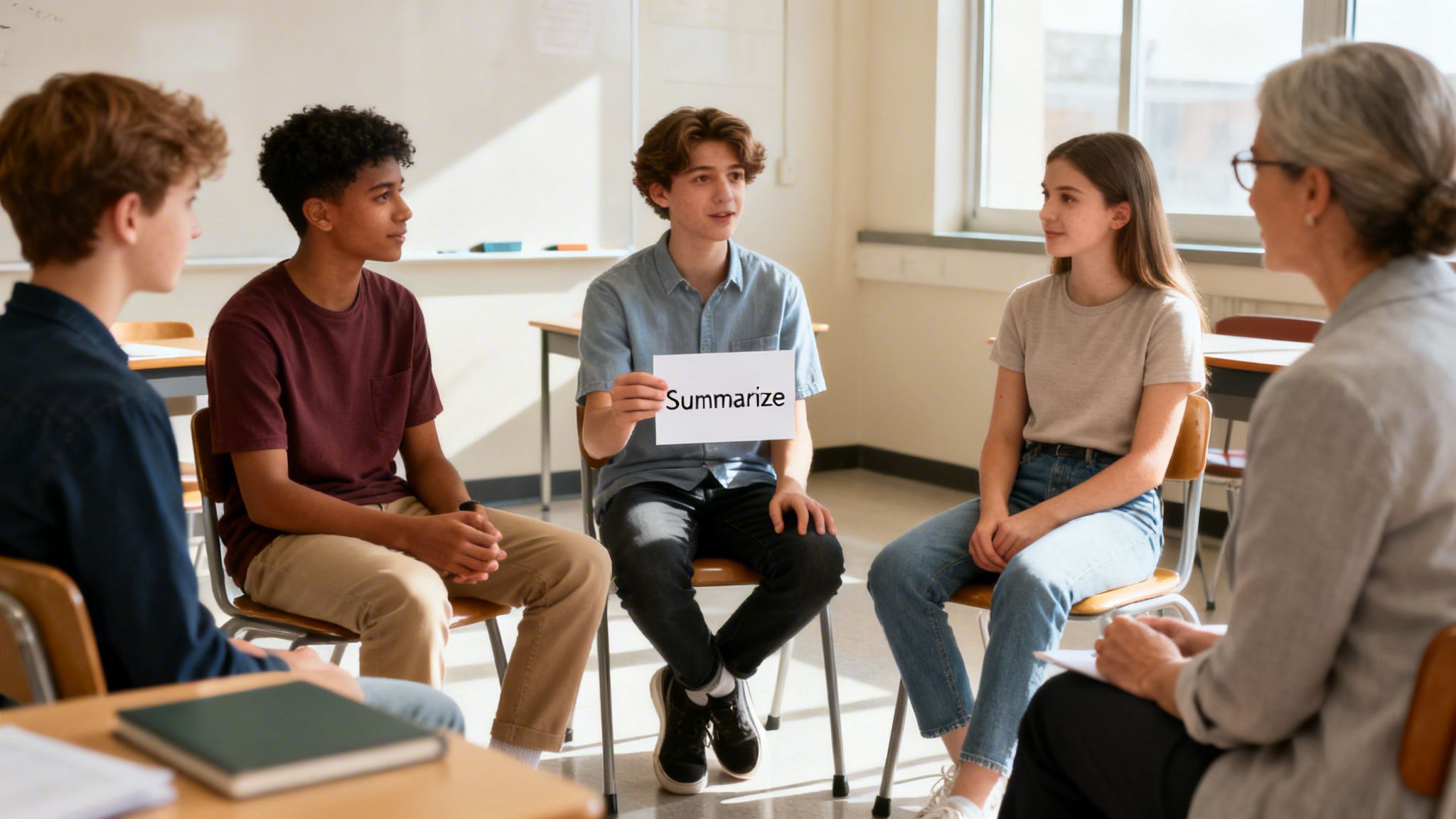 A group of diverse students and a teacher discuss in a classroom, one holding a 'Summarize' sign.