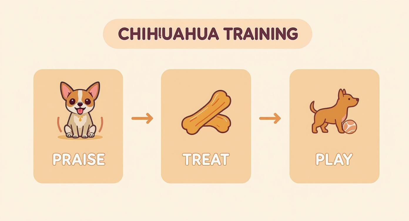 A flowchart showing Chihuahua training steps: praise with a happy chihuahua, treat with bones, and play with a dog and ball.