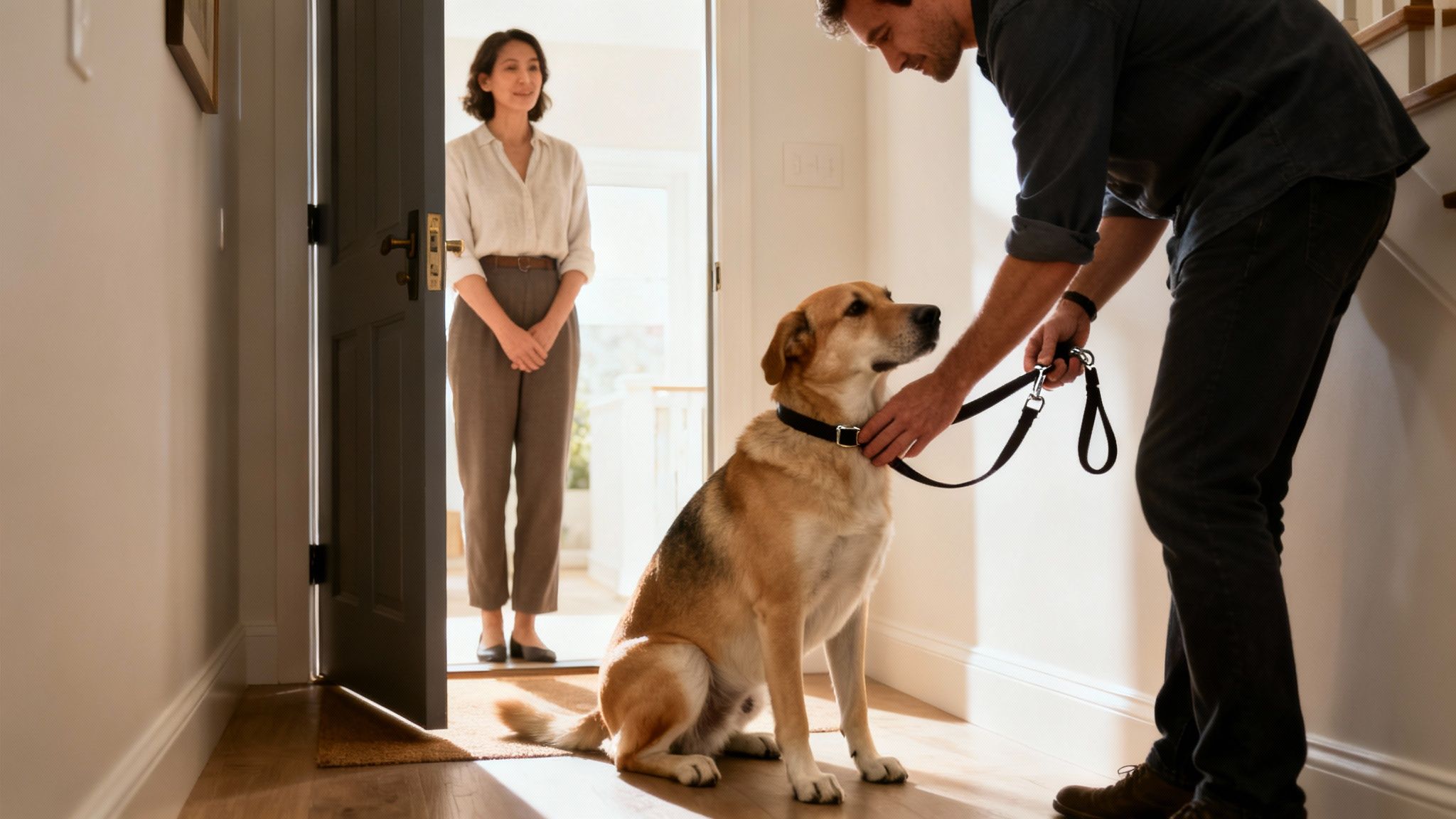 A man attaches a black leash to his brown dog's collar as a woman watches nearby.