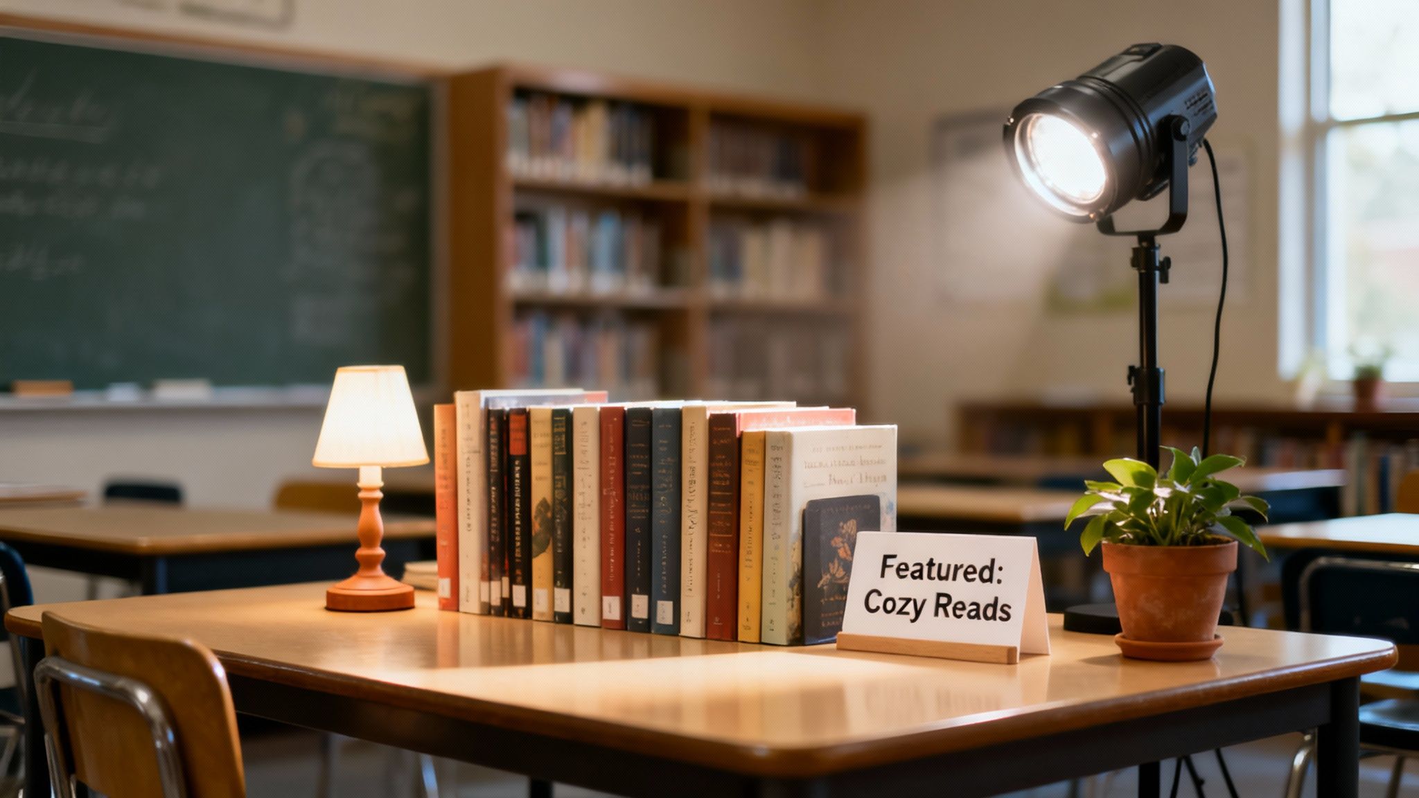 A classroom desk holds a small lamp, a row of books, a plant, and a 'Cozy Reads' sign under a studio light.