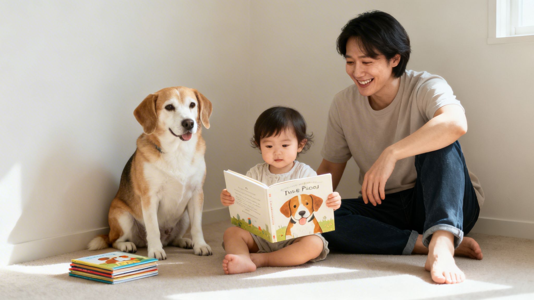 A father, toddler, and beagle dog sitting on the floor, reading a picture book about a dog.