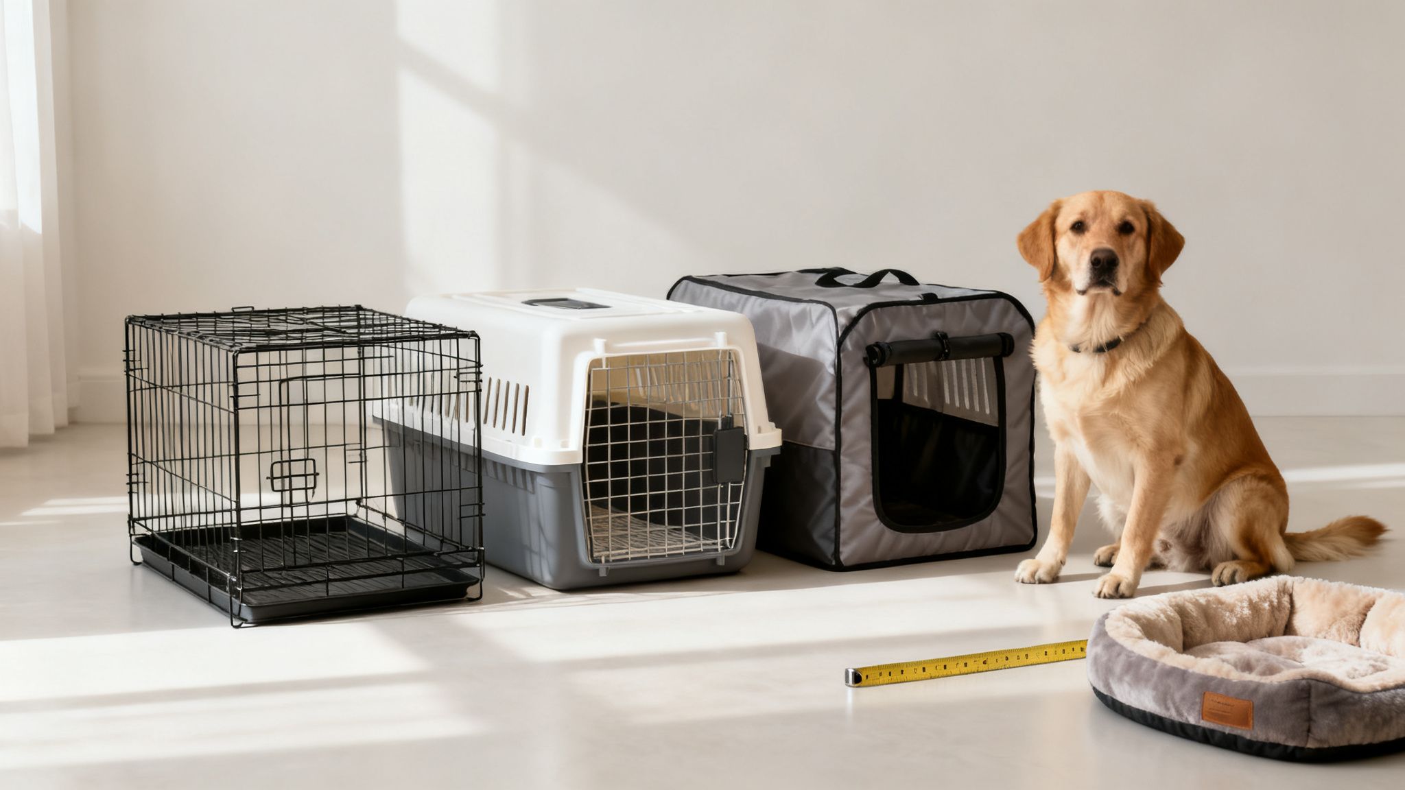 A golden retriever sits beside three dog crates, a dog bed, and a measuring tape.
