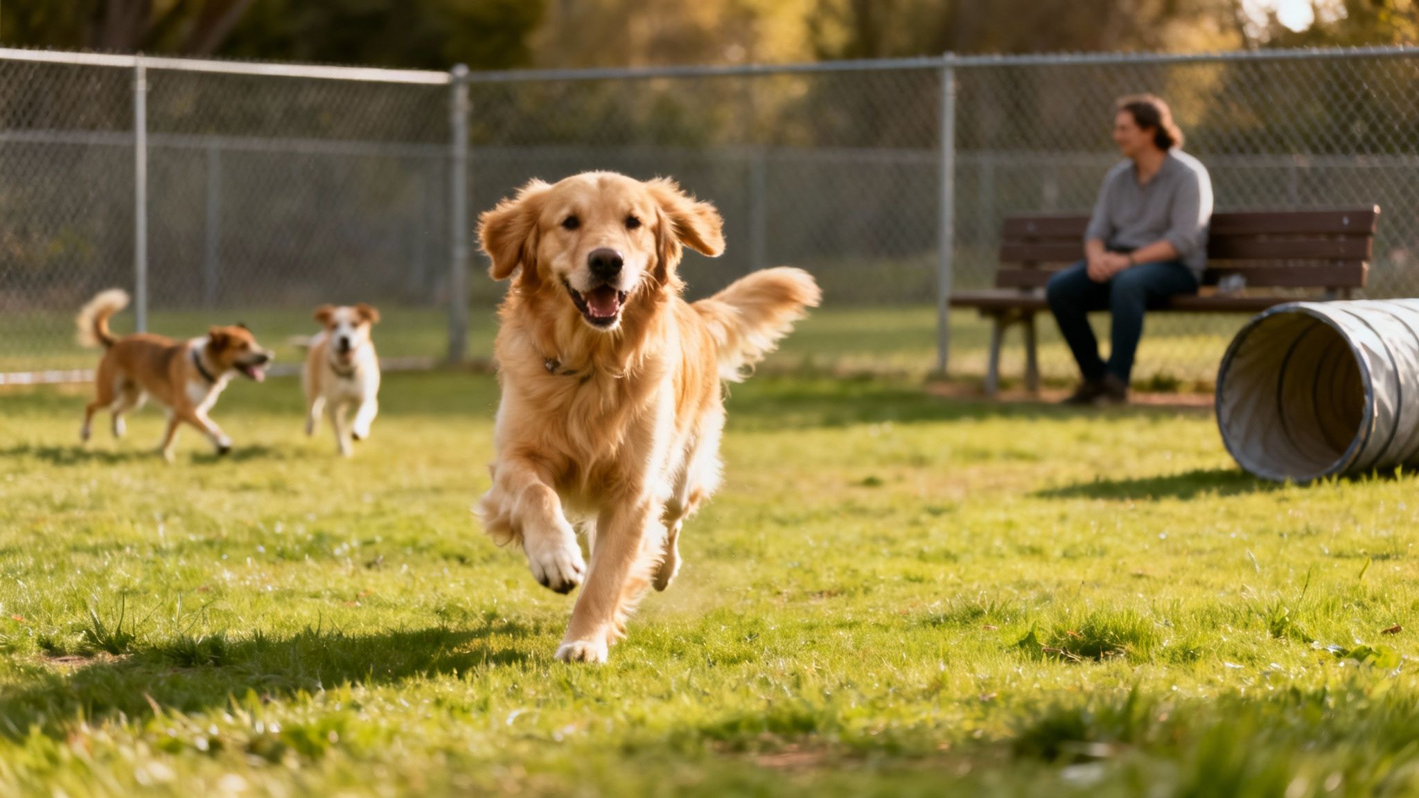 A happy golden retriever runs towards the camera in a sunny dog park with other dogs.